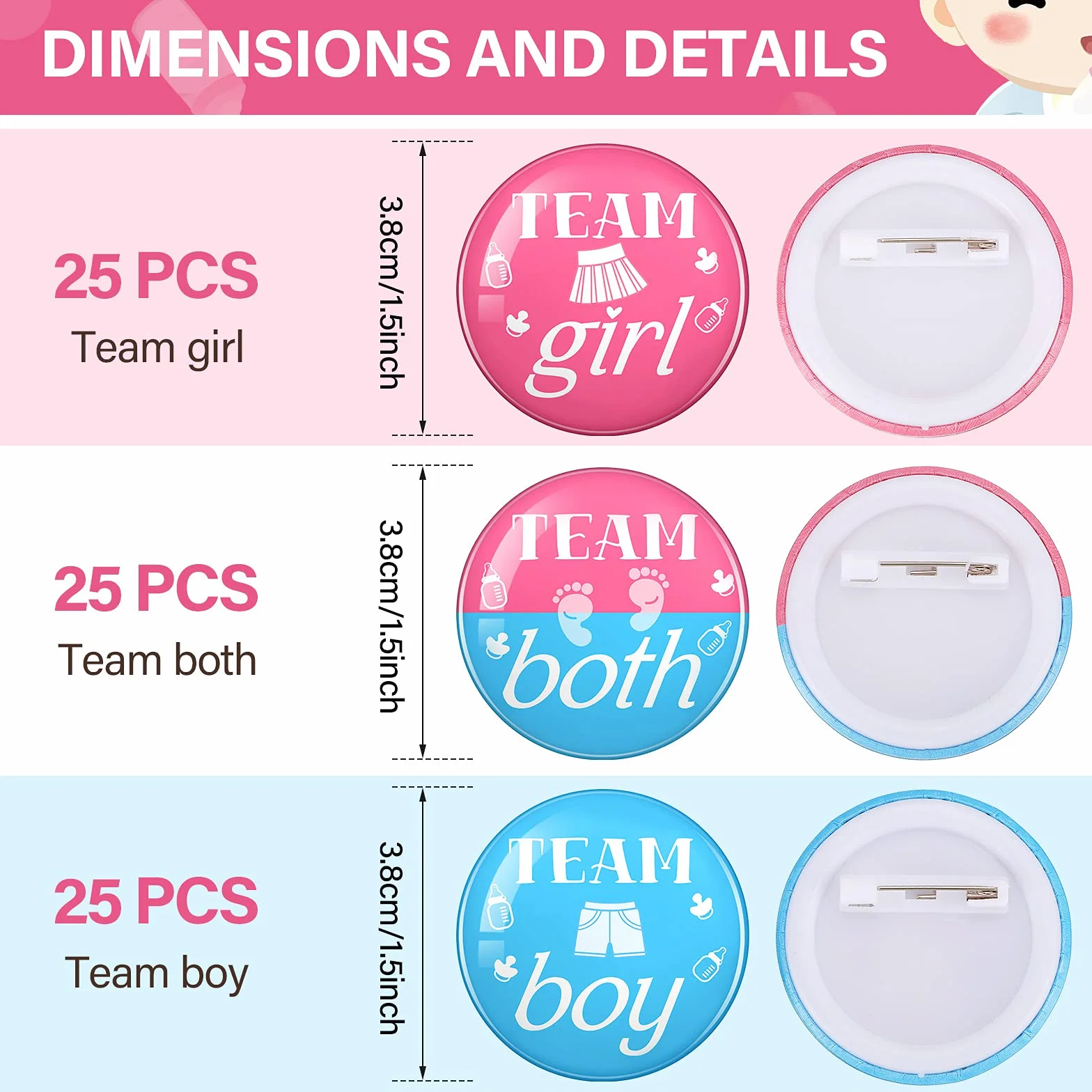 Hicarer 75 Pezzi Perni Rivelazione del Genere Spille Bottoni 1,5 Pollici Baby Shower Rosa Blu