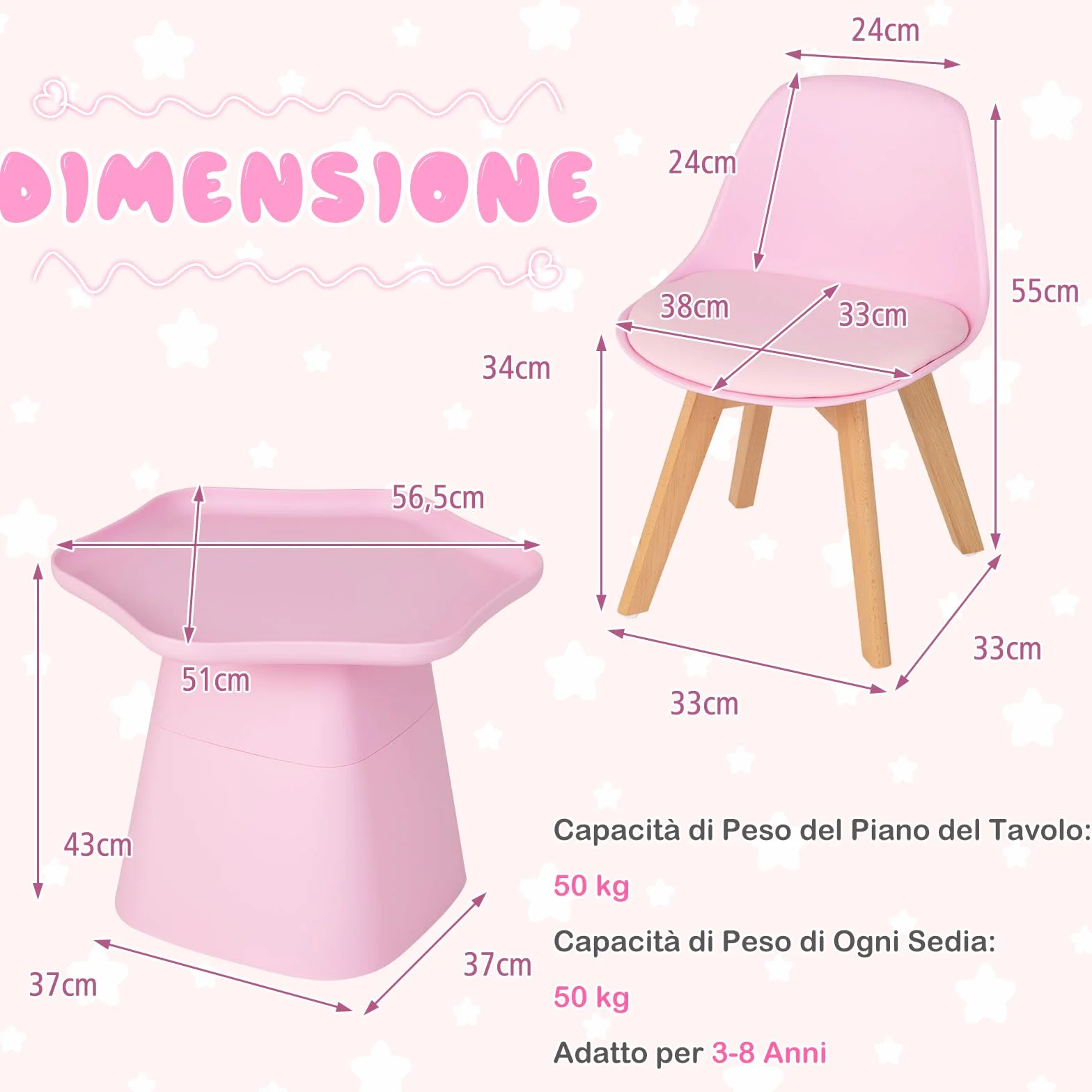 RELAX4LIFE Set Tavolo e Sedie Bambini 3 Pezzi Tavolino 2 Sedie Gambe Legno Faggio Seduta Similpelle 2 cm