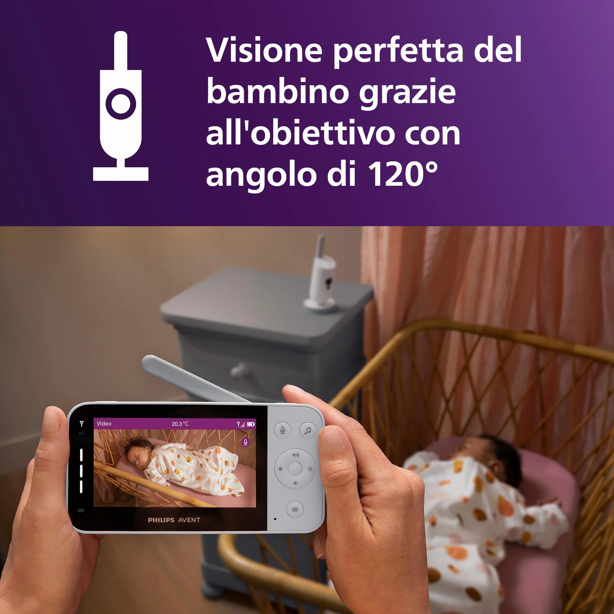 PHILIPS Avent SCD951/26 Baby Monitor Wi-Fi con Telecamera HD, Visione Notturna a Infrarossi, Rilevamento Pianto, Audio Bidirezionale, 12 Ore Autonomia
