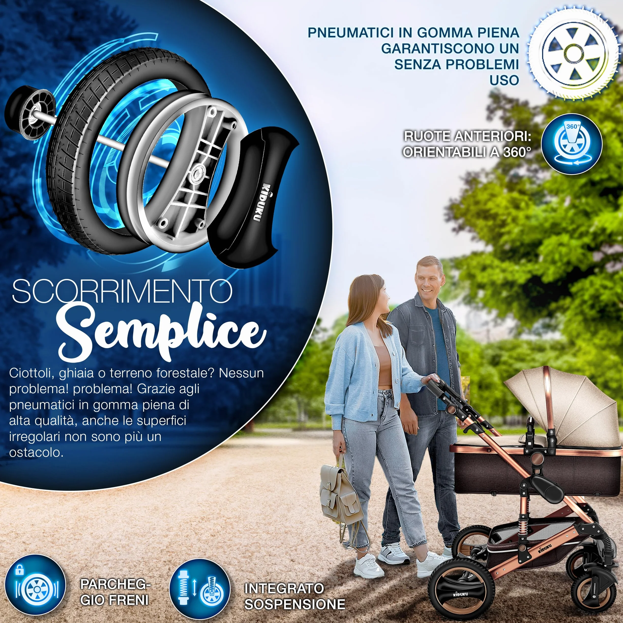 KIDUKU 3 in 1 Passeggino Completo Trio Sistema Combinato con Navicella Ovetto Seggiolino Auto Coprigambe ECE R129