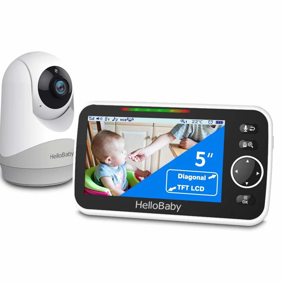 HelloBaby Monitor con fotocamera e audio, schermo 5'', batteria 3500 mAh, Pan-Tilt-Zoom, conversazione bidirezionale, ECO, visione notturna
