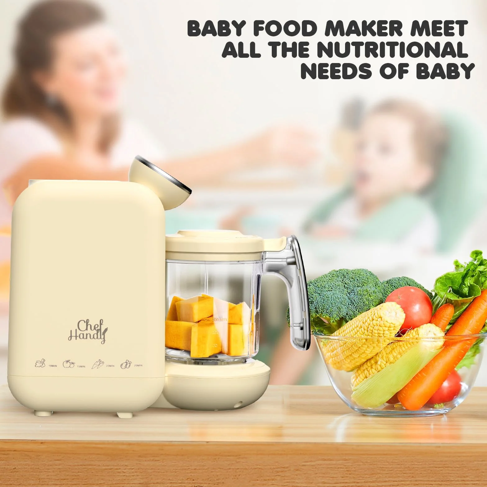 Cuocipappa Multifunzione 5 in 1 per Neonati, Cuocivapore Frullatore, Grande Capacità, Giallo