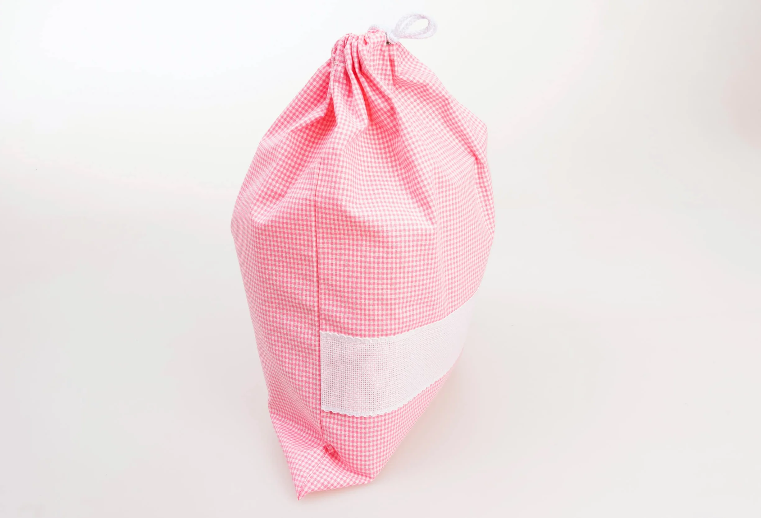 Sacchetto Asilo Quadretti Vichy Rosa 42x34 cm Tela Aida Personalizzabile Fatto in Italia