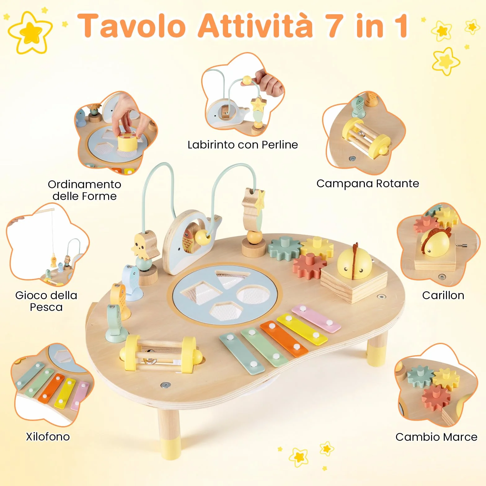 COSTWAY Centro di Attività Musicale in Legno Tavolo Multiattività Bambini 7-in-1 con Labirinto di Perle Xilofono Giochi Montessori
