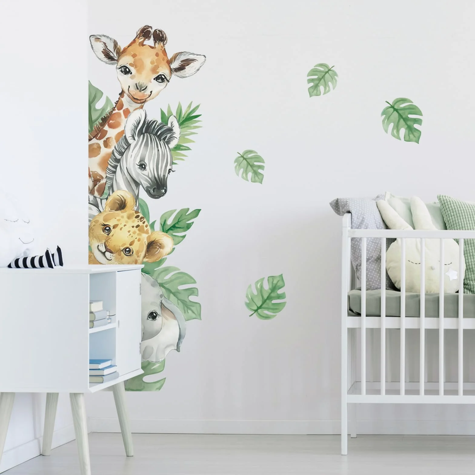 Naklejki ścienne z zwierzętami dżungli Giraffa Zebra Zielone Liście dla dzieci