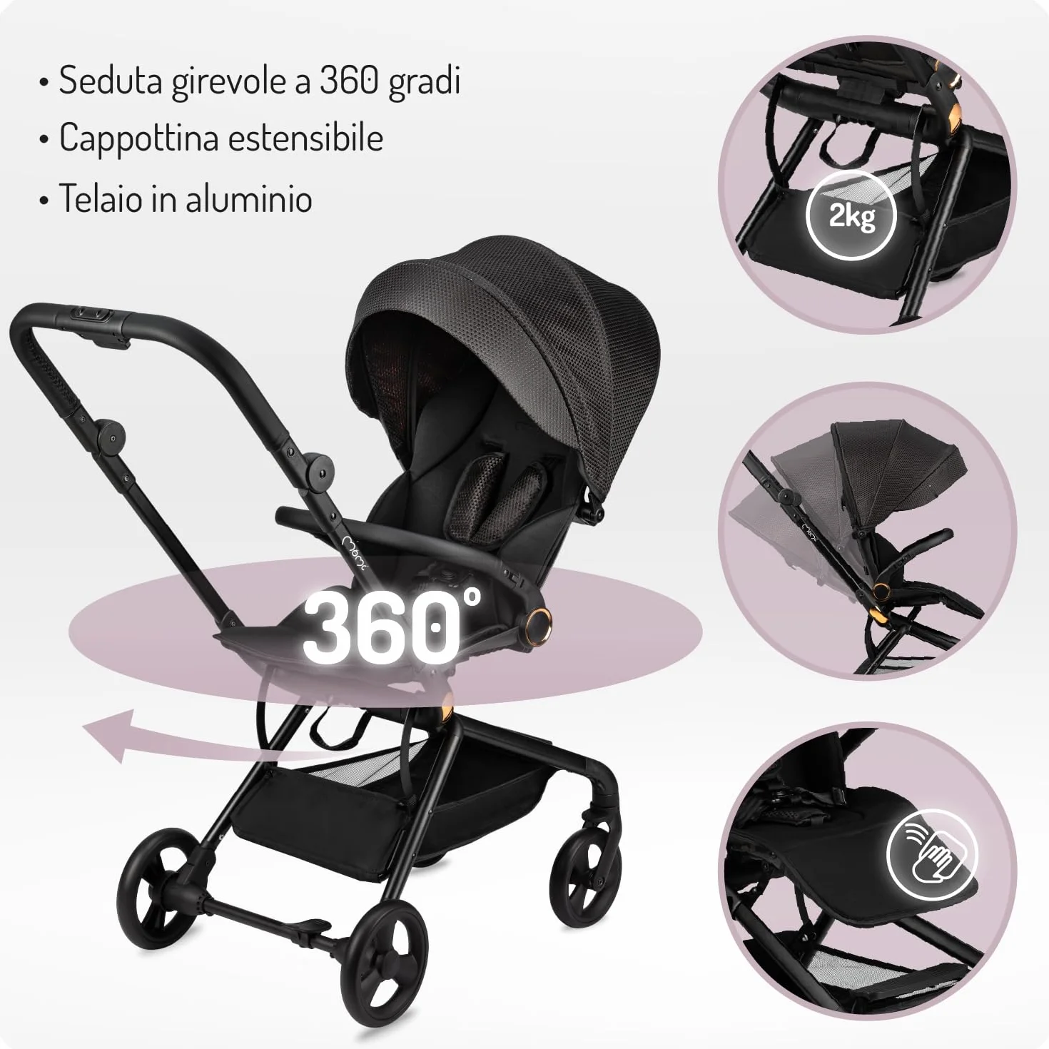 MoMi ADELLE Passeggino Leggero Reversibile Pieghevole da Viaggio Fino a 22 kg Fronte Mamma Schienale Regolabile