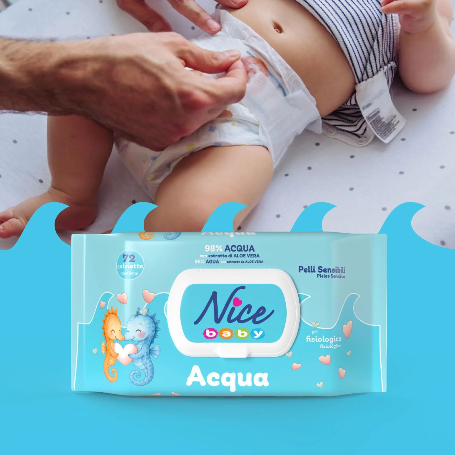 Nice Baby Acqua Salviette per Cambio Pannolino 98% Acqua Aloe 72 szt.