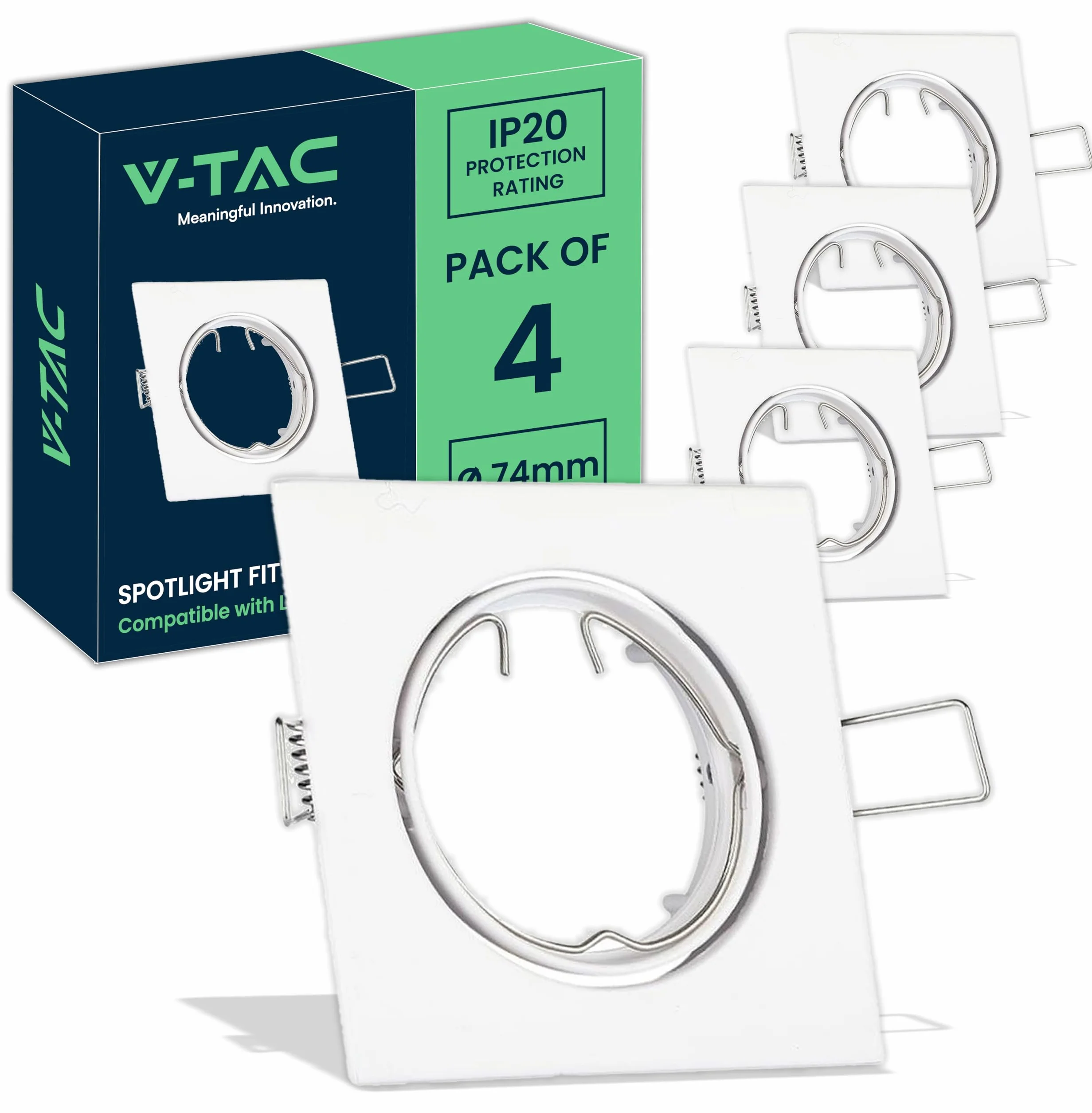 V-TAC 4x Portafaretto LED da Incasso Orientabile in Allumimnio per Faretto GU10-4 Pezzi - Sezione Incasso 74 mm - Cornice Quadrata da Lampadina per Cartongesso, Legno, Mensole, Casa -