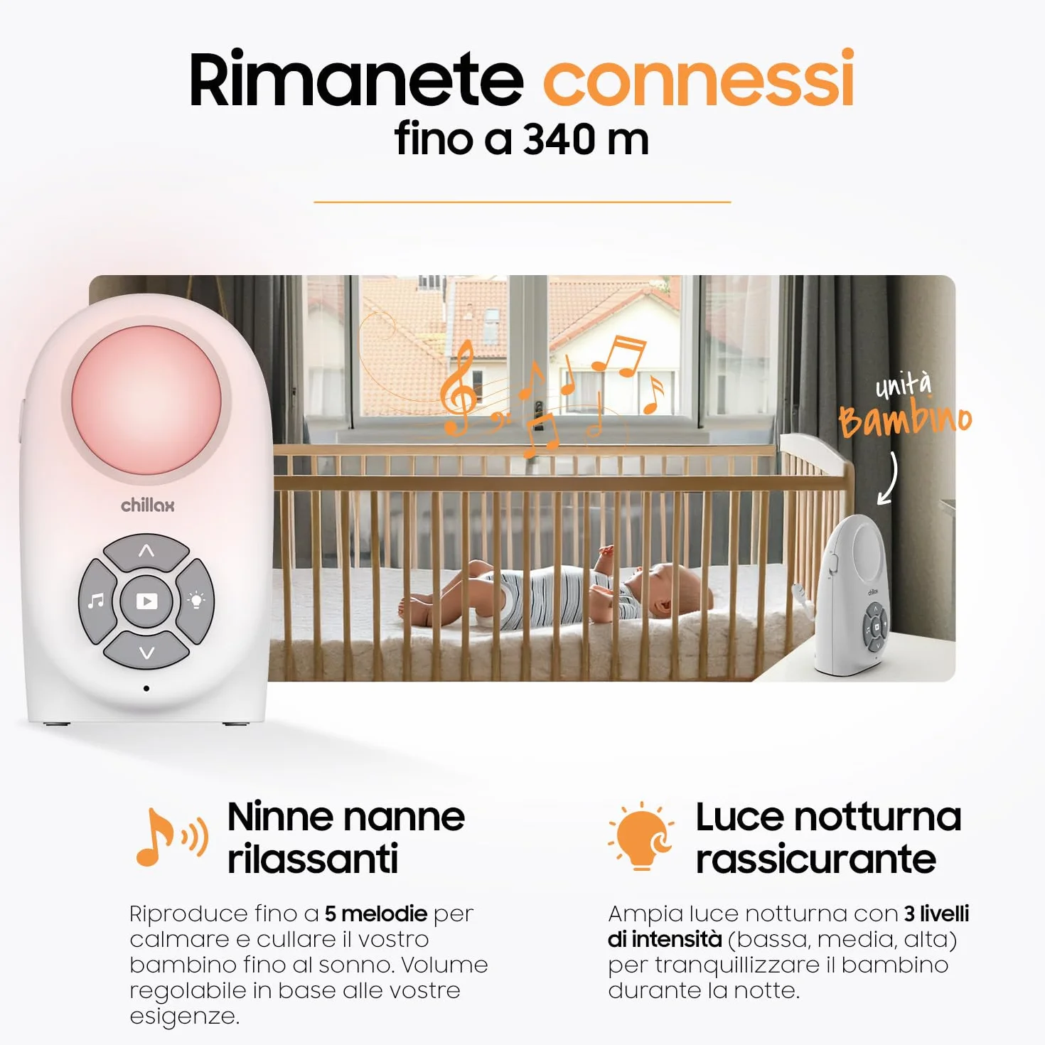 CHILLAX CB260 Baby monitor Audio DECT Schermo LCD VOX Mode Eco Sensore temperatura Portata 340m