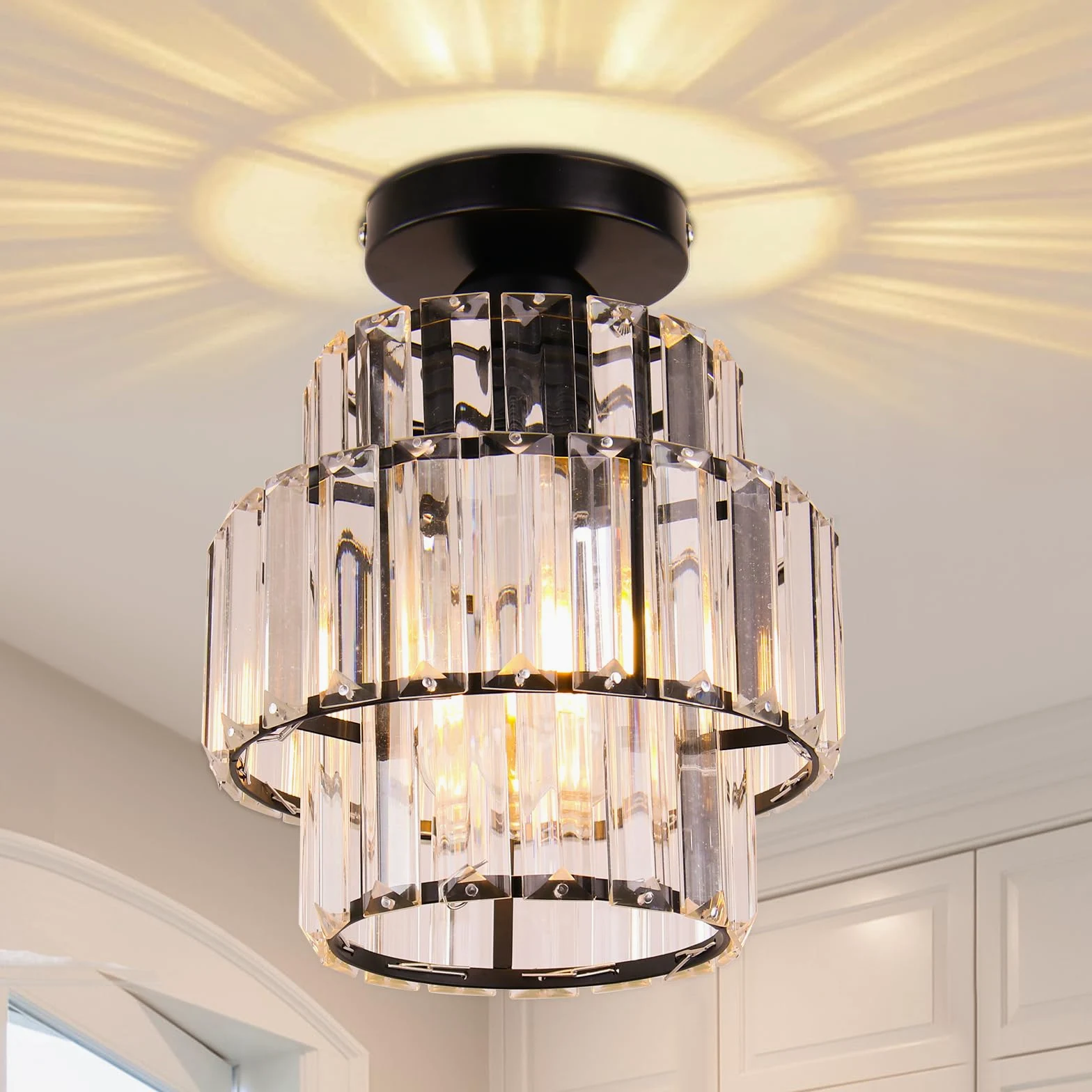 Mini Lampadario Moderno Cristallo Lampadario Incasso Soffitto Doppio Strato Cristallo Lampadario Illuminazione Lampada per Camera da letto Cucina Bar Bagno Corridoio (nero)