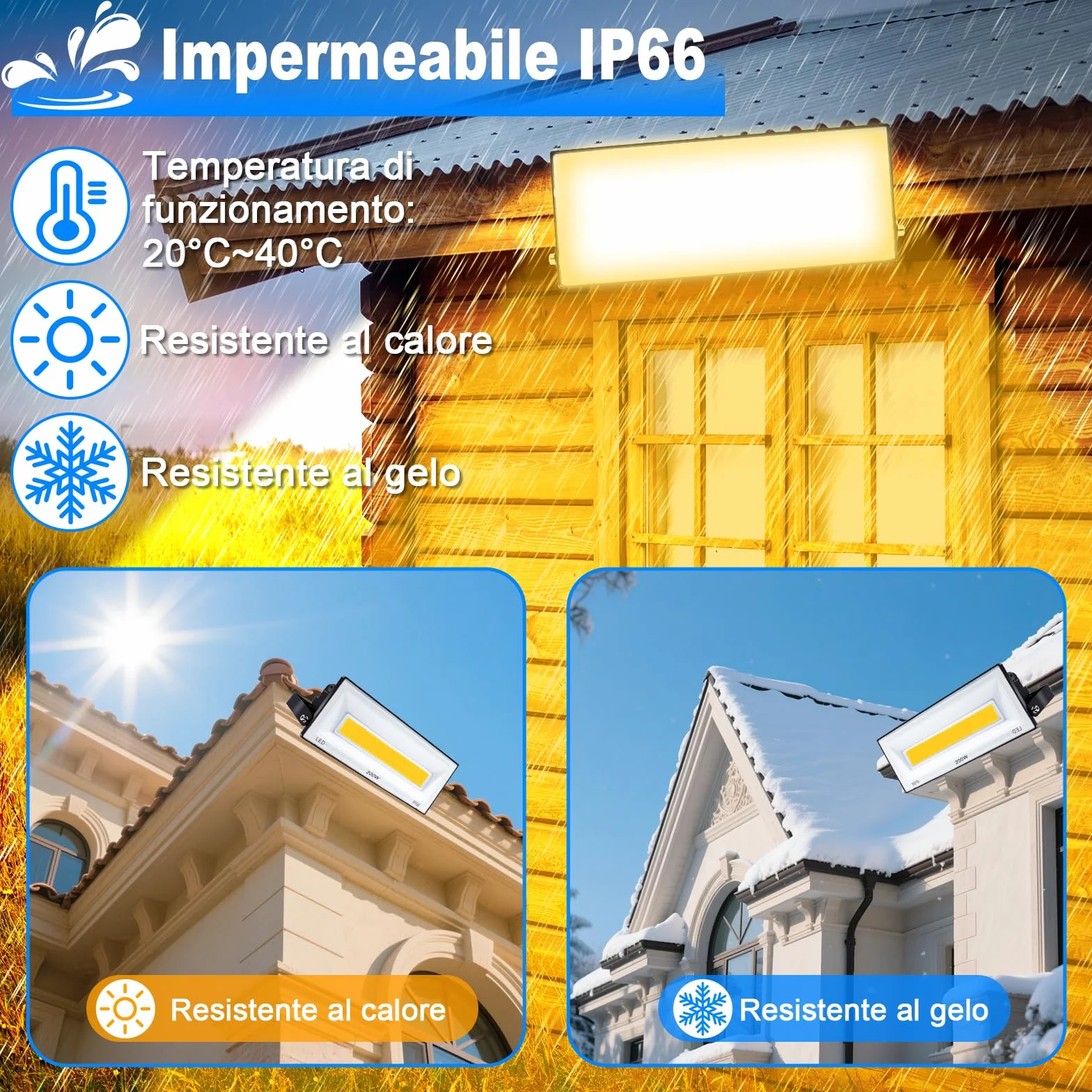 CREATESTAR Faretto LED da Esterno 200W, Faro Led Esterno 20000LM,3000K Bianco Caldo Faretti Led IP66 Impermeabile per Giardino Garage Parcheggio Cortile
