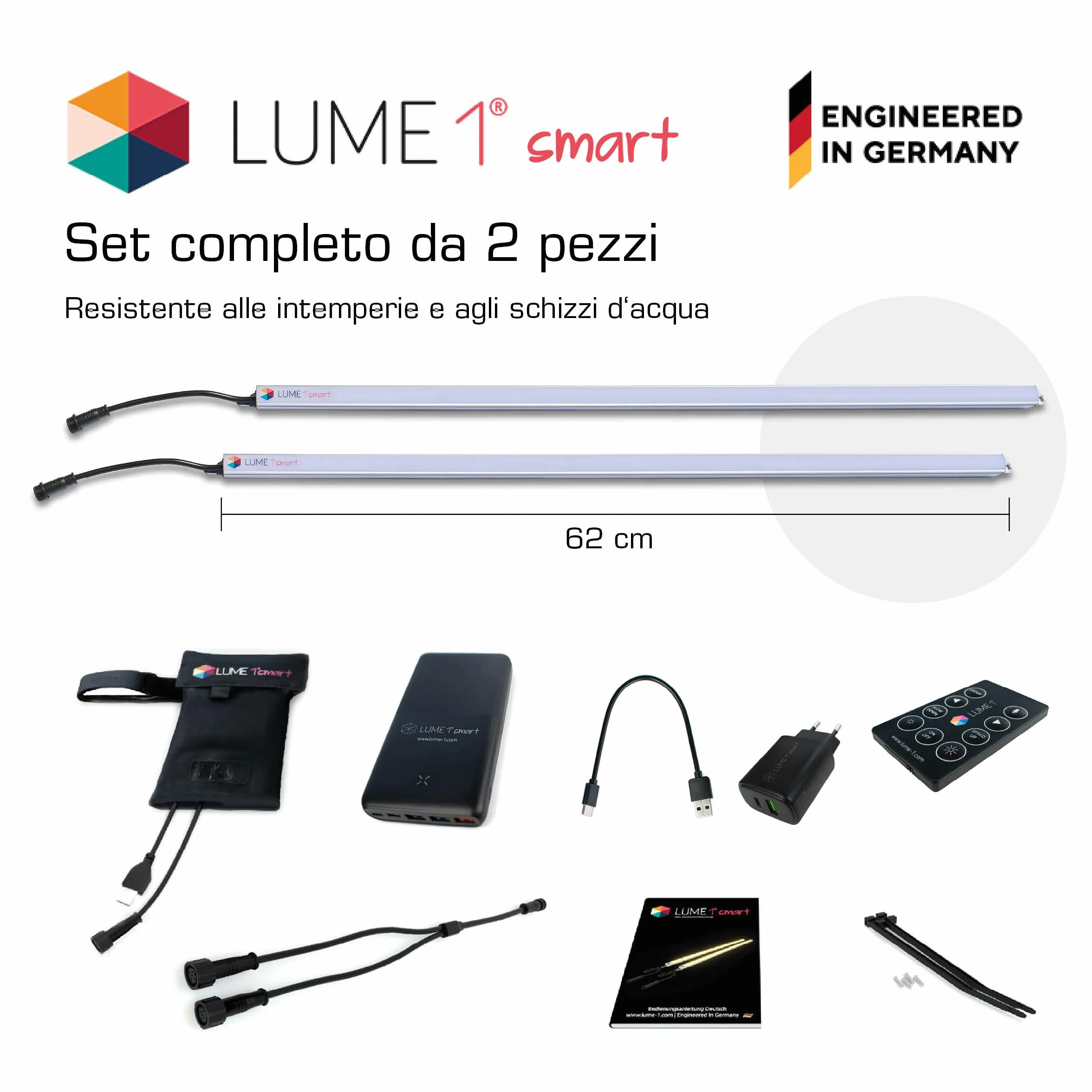 Lume1 - Illuminazione per ombrellone con telecomando, 2 strisce LED, luce bianca calda da 1000 lumen, 2700 Kelvin, illuminazione piacevole, batteria inclusa (Smart Set da 2 pezzi, modello 2026)