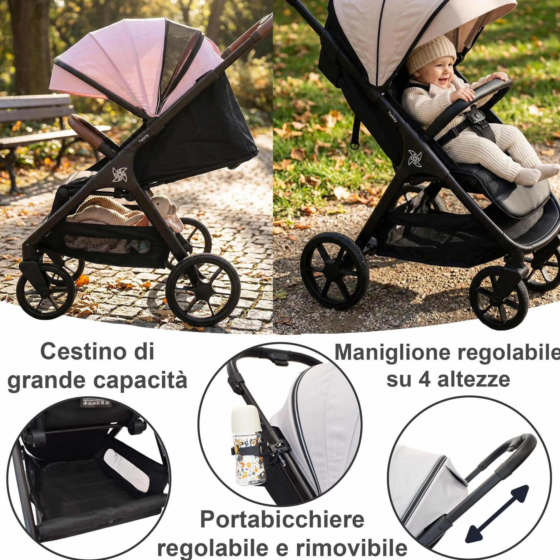 Passeggino Leggero 25 kg Portata, Pieghevole ad una Mano, Seduta Ampia, Ruote Grandi Ammortizzate, Cappottina XXL e Parapioggia Nero