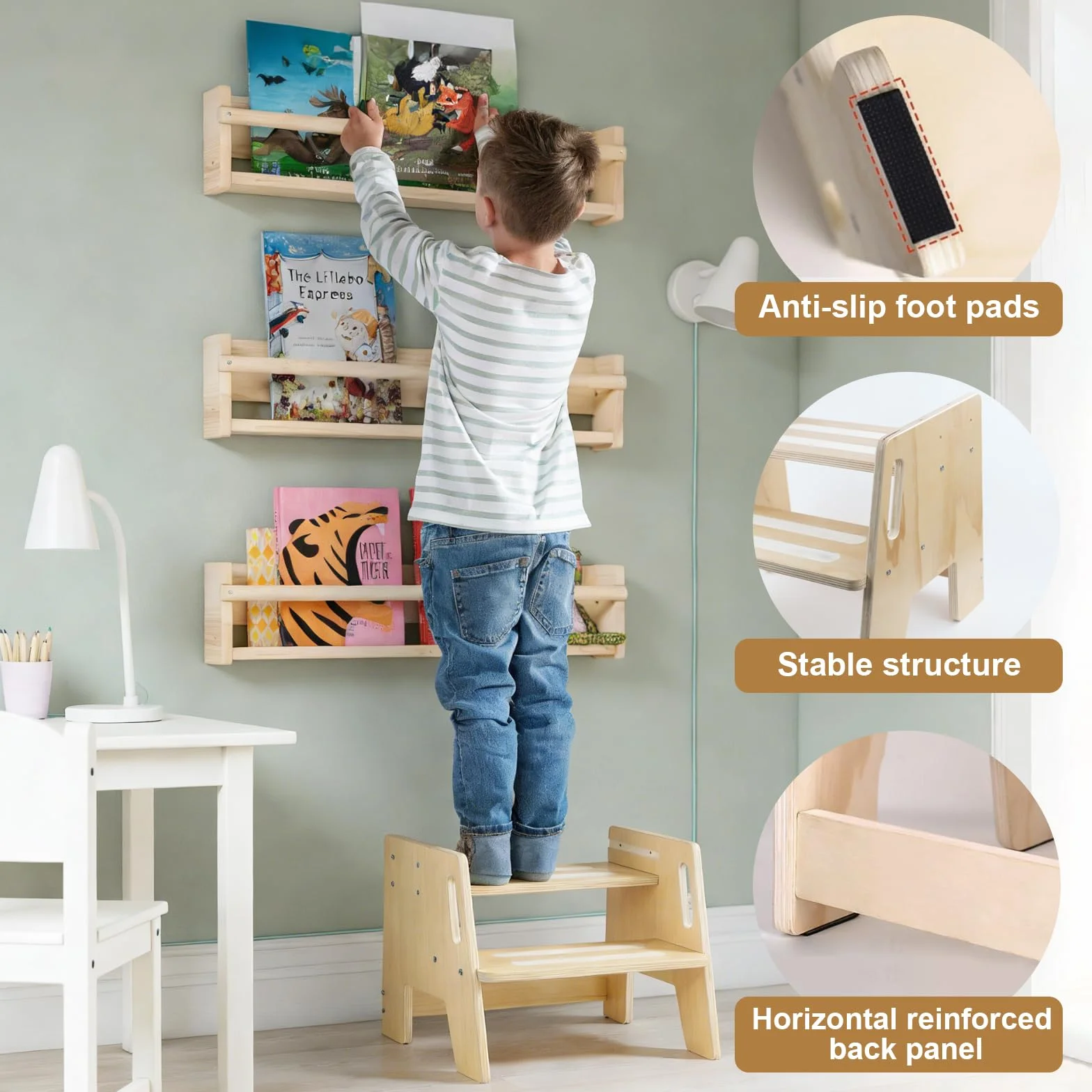 Sgabello in Legno per Bambini a 2 Gradini Regolabile Antiscivolo 150 kg