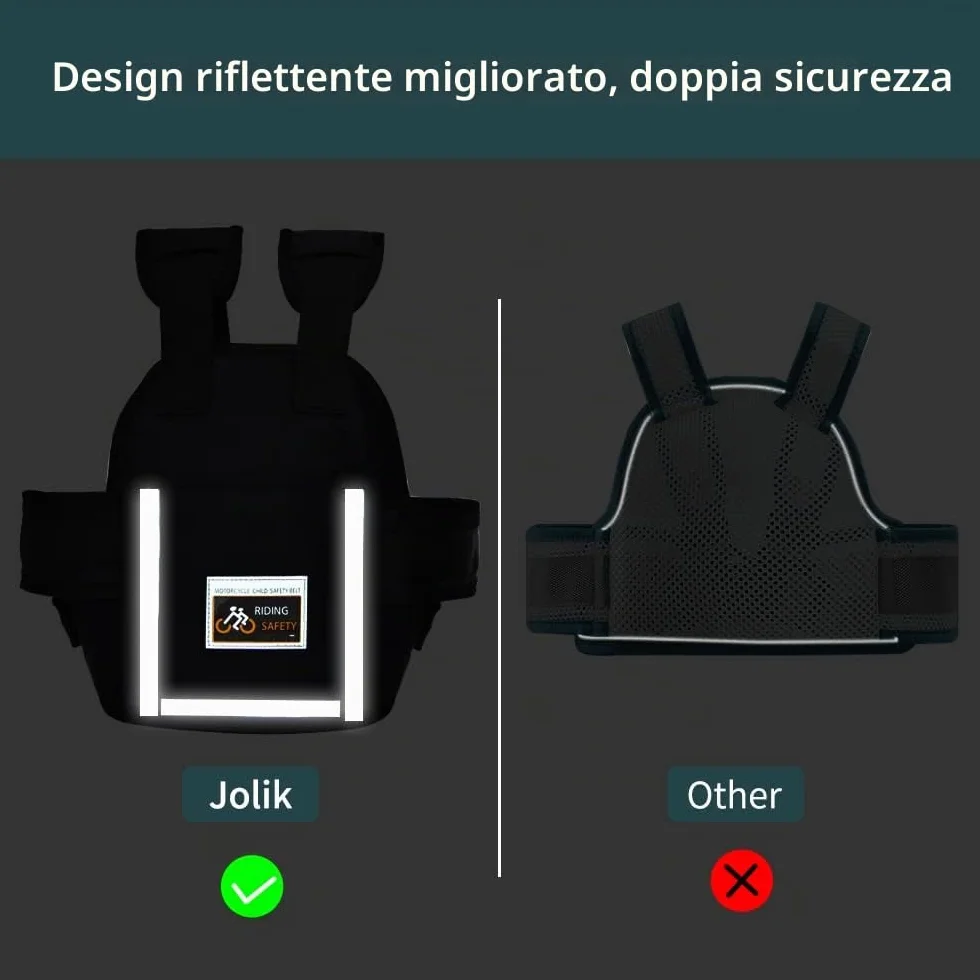 Jolik Cintura Moto Bambini Regolabile con Tasca, Materiale Traspirante Riflettente Nero