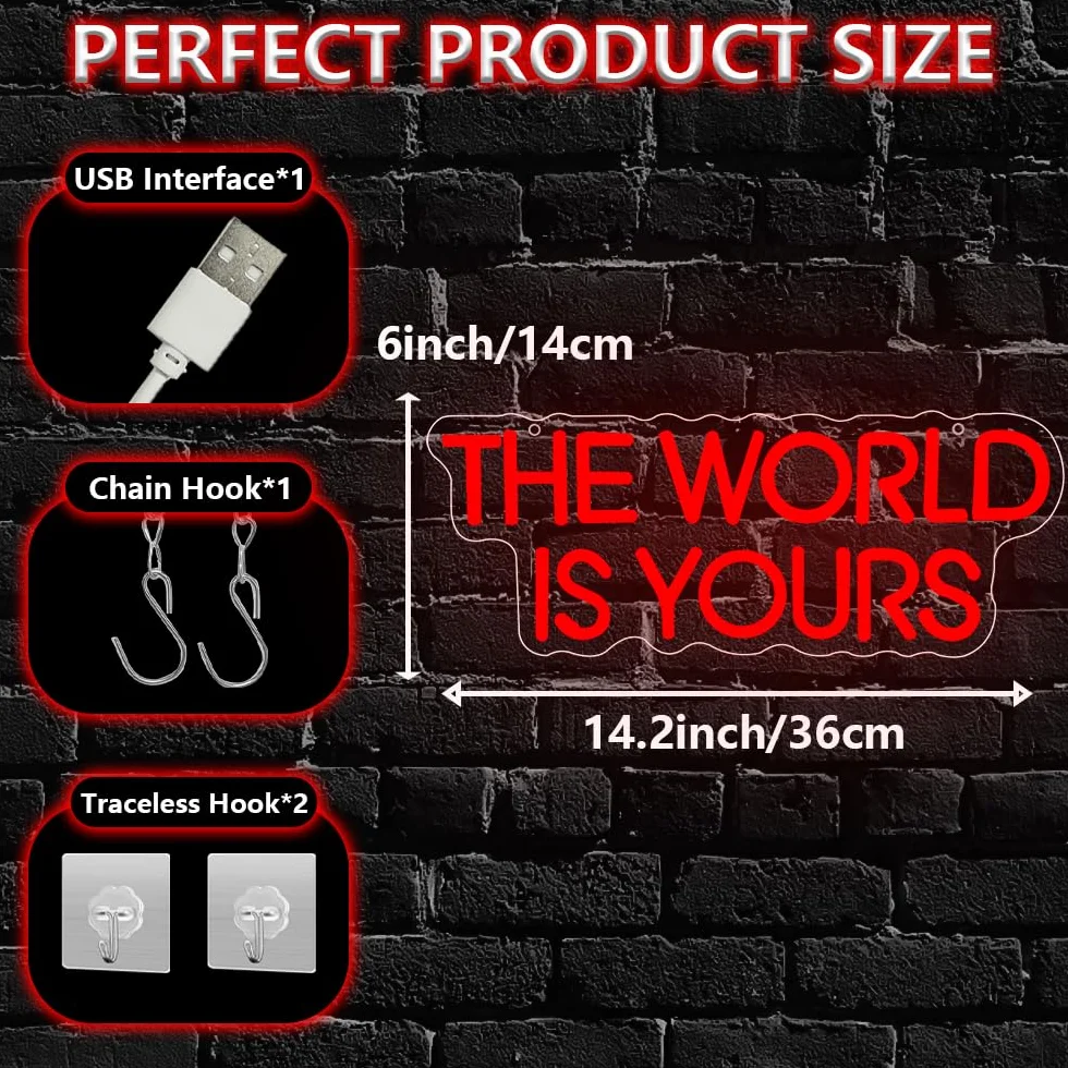 The World is Yours - Insegna al neon rossa dimmerabile a LED per decorazione da parete, sfondo per cinema, camera da letto, club, feste, uomo, regalo per ragazzi, adolescenti, uomini, alimentazione