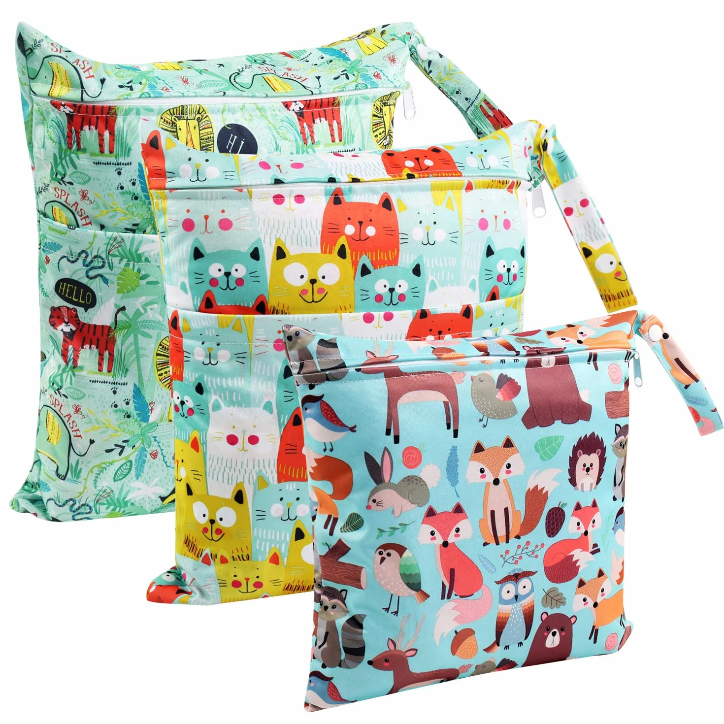 Borsa per Pannolini Impermeabile 3Pcs Riutilizzabile con Doppia Cerniera Wetbag Neonato Verde