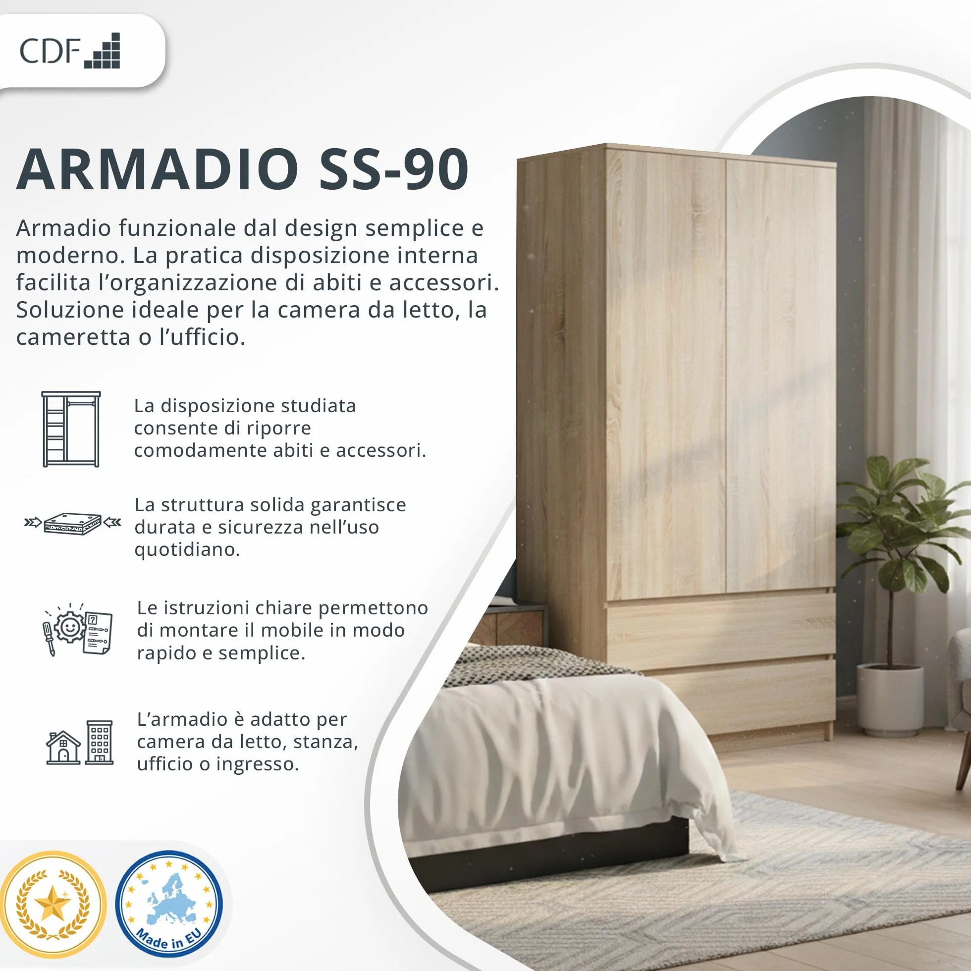 CDF Armadio Camera da Letto 90 cm 2 Ante 2 Cassetti Rovere Sonoma