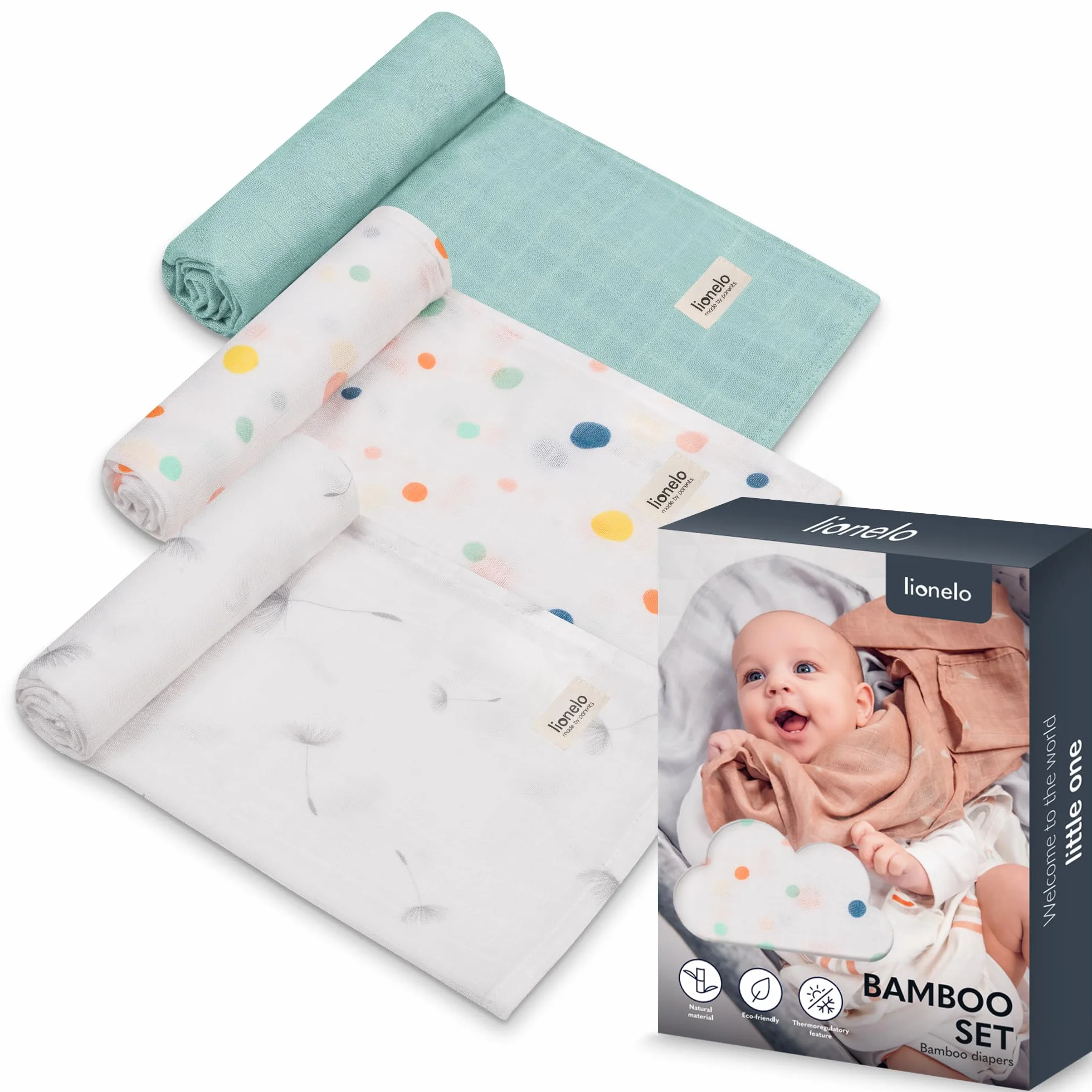 Lionelo Bamboo Set 3 Pezzi Mussole Neonato 70x70 cm Cotone Bambù 100% Naturale Antibatteriche Antimicotiche Ipoallergeniche