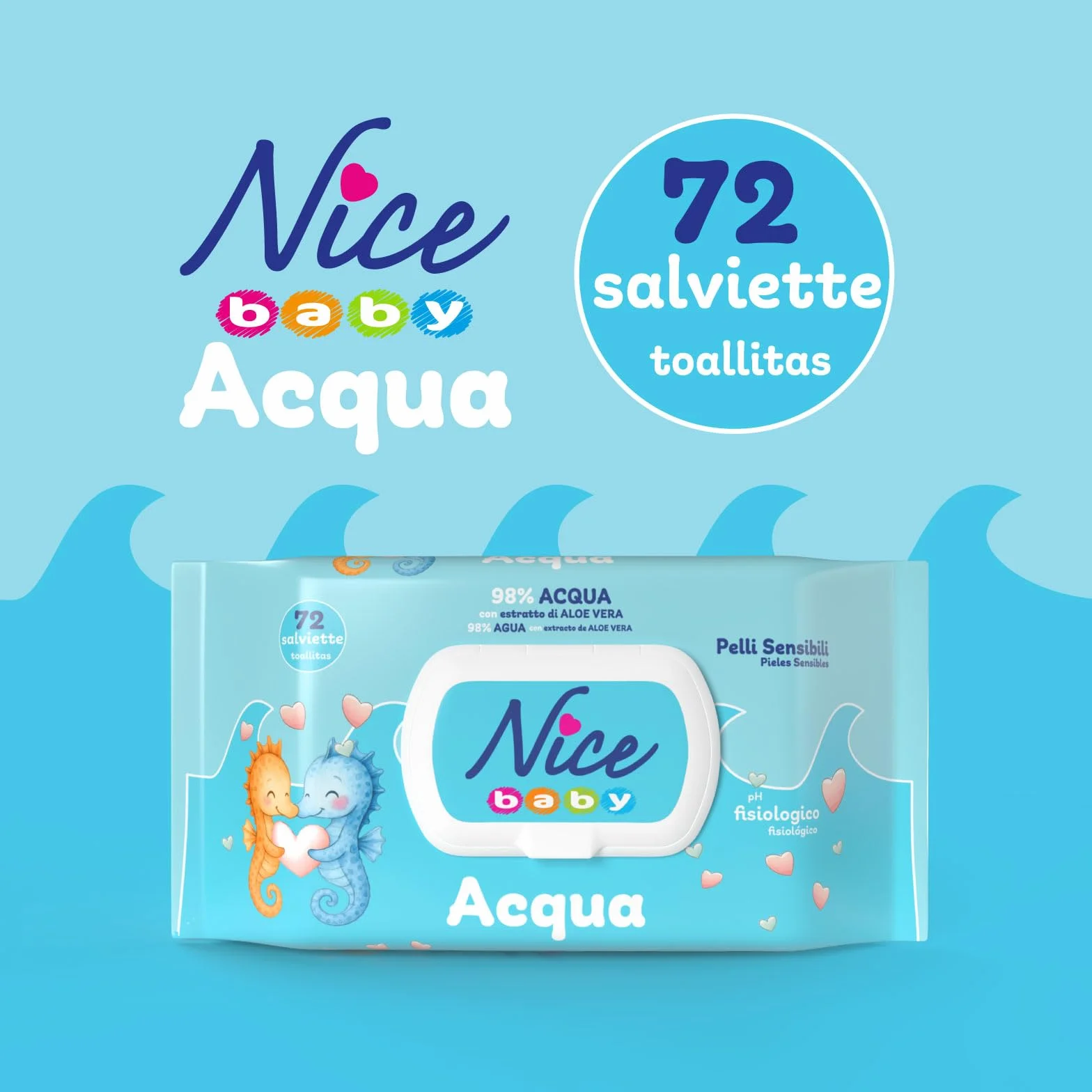 Nice Baby Acqua Salviette per Cambio Pannolino 98% Acqua Aloe 72 szt.