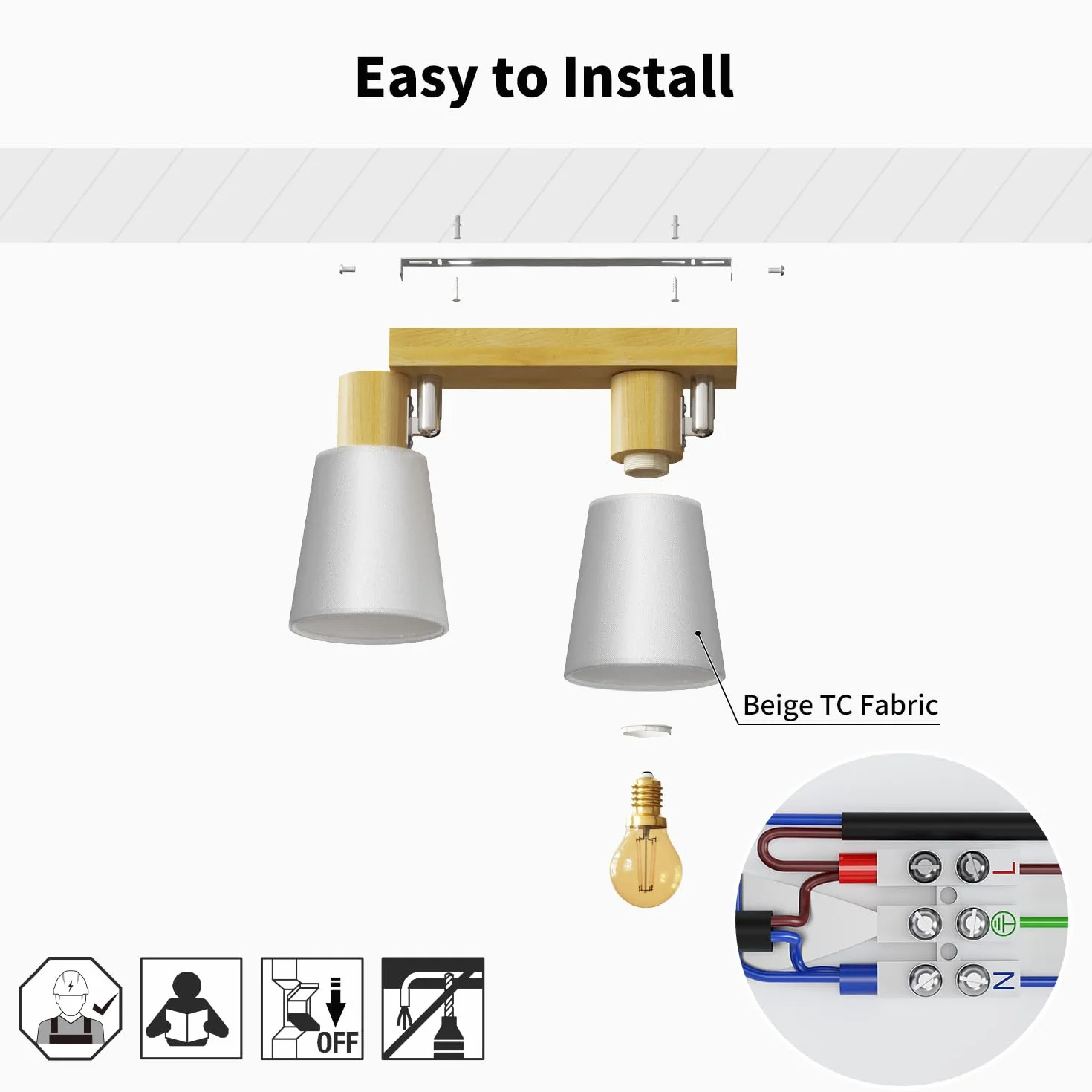 LVWIT Faretti da Soffitto E14, Faretto da Interno Bianco con 2 Faretto, Faretti Orientabili Legno, Faretto da Parete Interno Vintage per Barra, Salotto,Cameretta, Cucina, Bagno (Lampadine Escluse)
