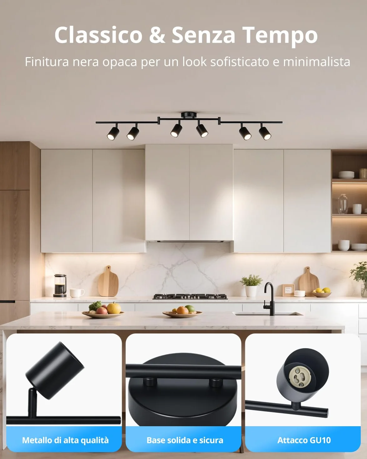 Gr4tec Faretti LED da Soffitto Orientabili 6 Luci, Moderna Binario Faretti GU10, Faretto LED Interno Nero, Lampadario da Soffitto per Soggiorno Cameretta Cucina, Senza Lampadine
