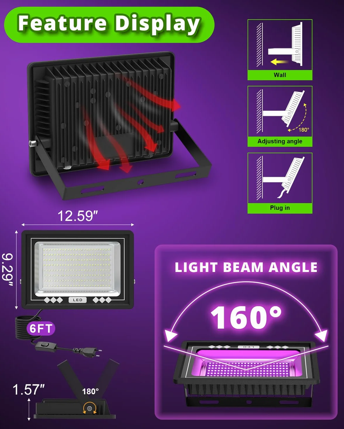 100W Faretto UV LED 2 pacchetto, 200 LEDs Grafene Luce Nera per Ampio Spazio, 395-400NM Faro UV LED con Spina IP65 Impermeabile per Acquario, Festa, Pittura Fluorescente, Poster Fluorescente
