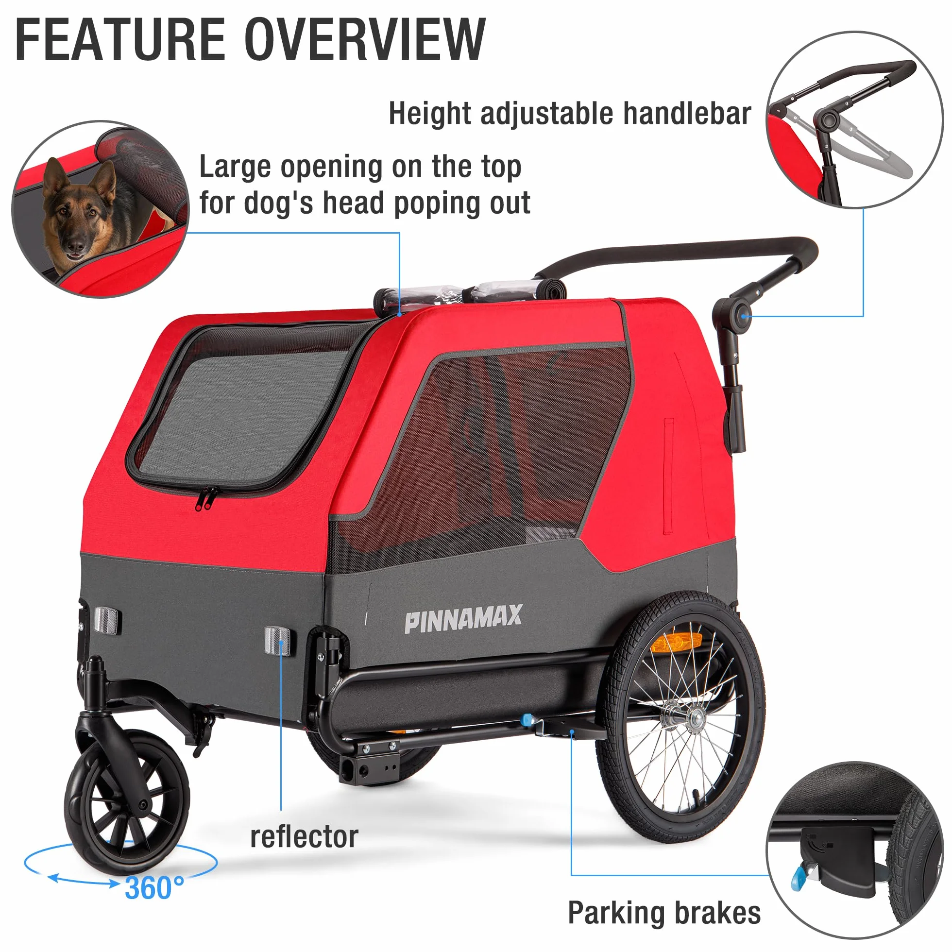 PINNAMAX Rimorchio per cani per biciclette 2 in 1, portata 45 kg, gancio universale