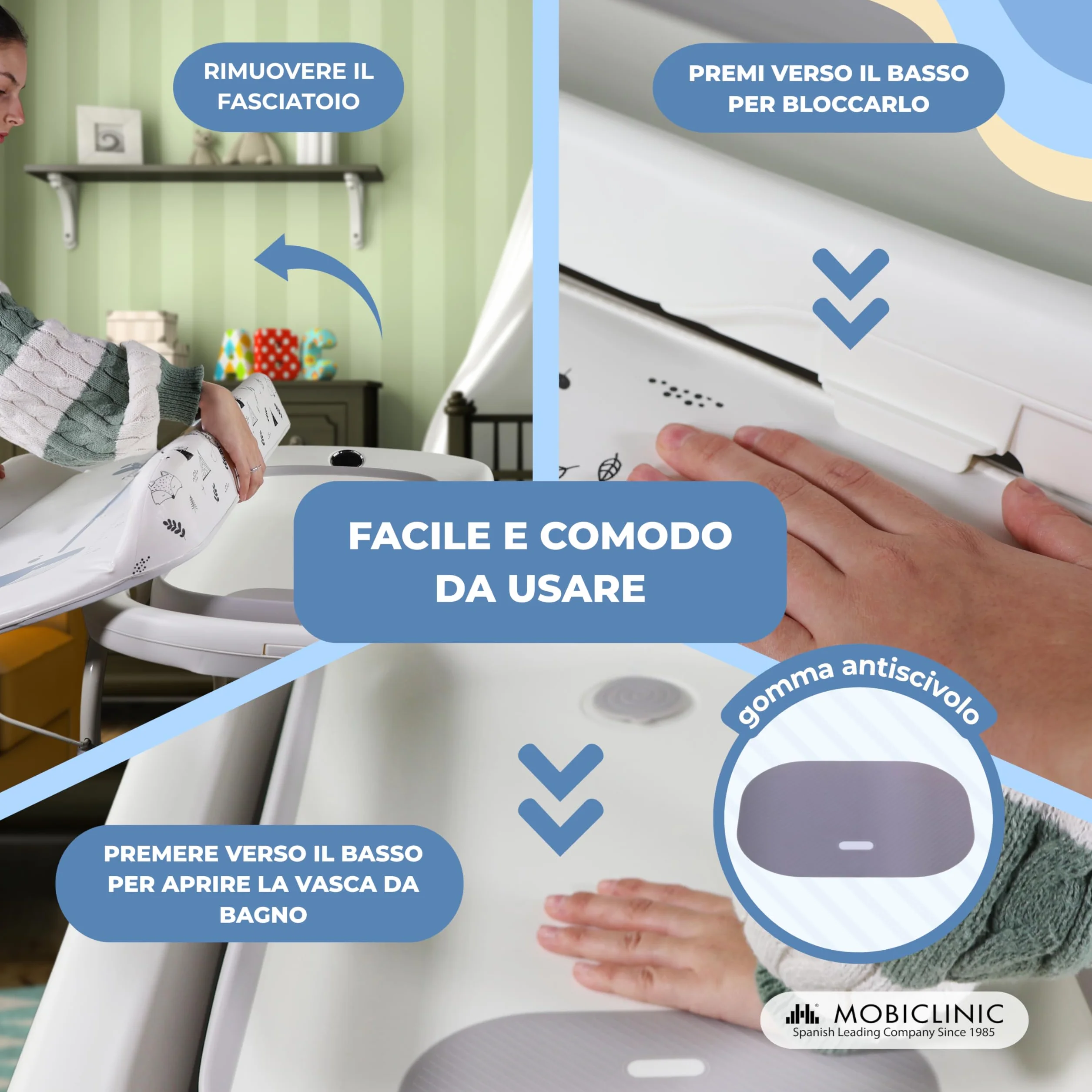 Mobiclinic Fasciatoio con vaschetta bagnetto 2 in 1, Regolabile 4 altezze, Fino a 50 kg, 0-36 mesi