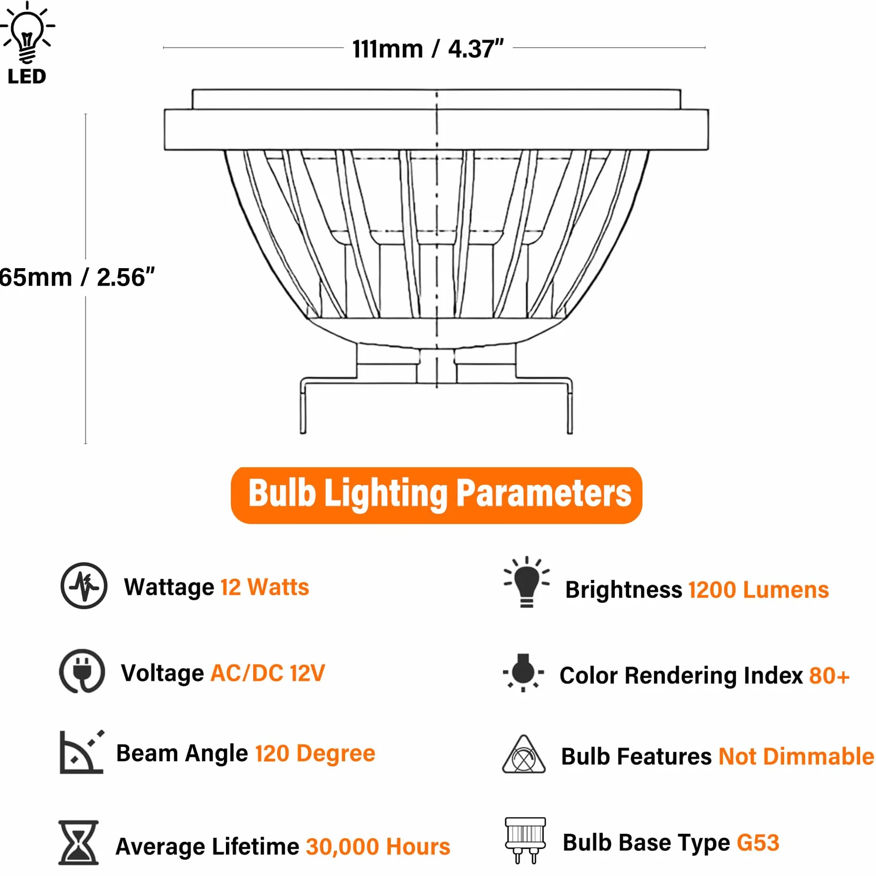 Lampadine AR111 G53 da 12W COB - Confezione da1200 Lumen - Faretto a Bassa Tensione 12V - Non Dimmerabile(Natural Daylight 4000k)