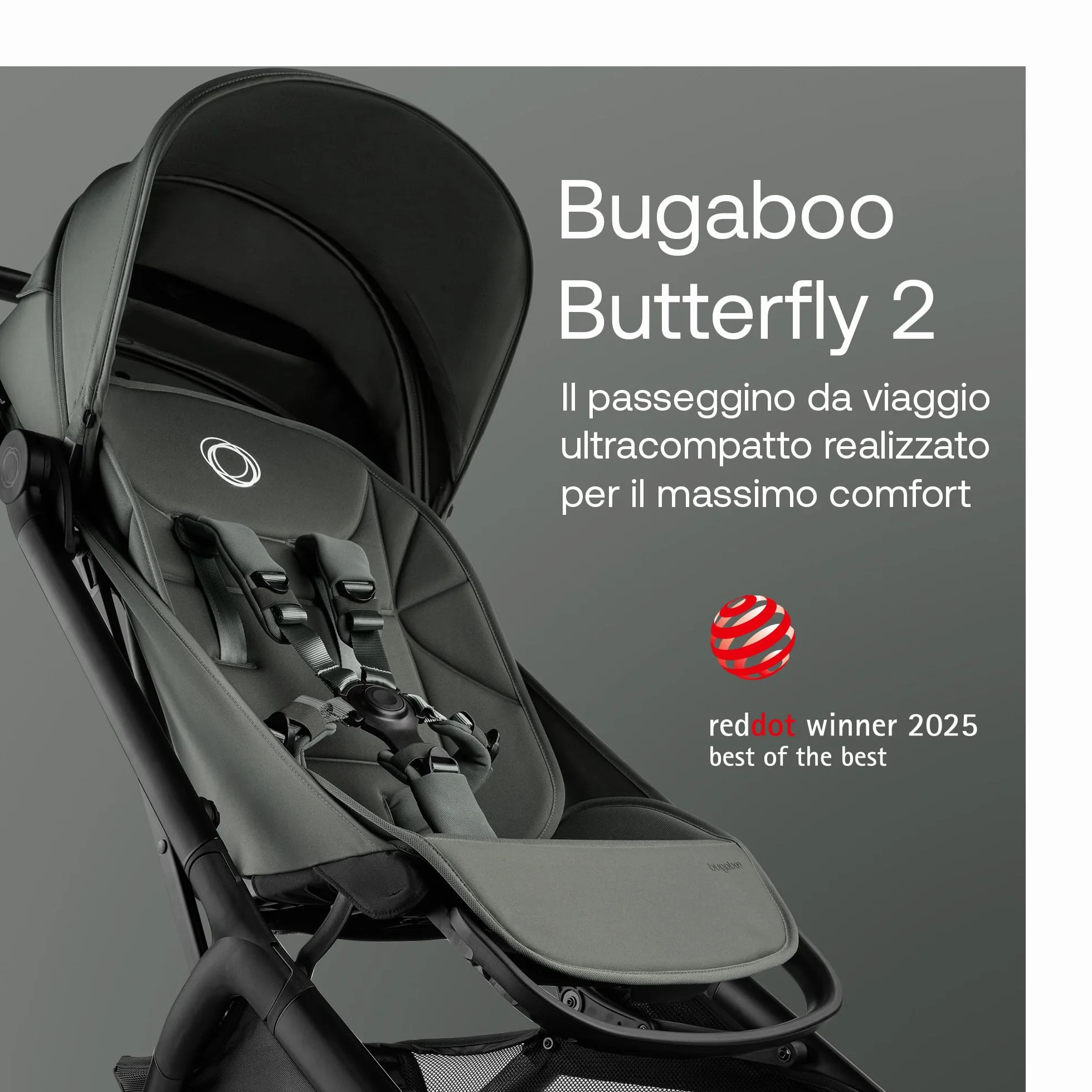 Bugaboo Butterfly 2 Passeggino Leggero da Viaggio Dimensioni Cabina, Portatile, Piegabile con Una Mano, Seduta Reclinabile, Cestino Portaoggetti, Tracolla - Forest Green
