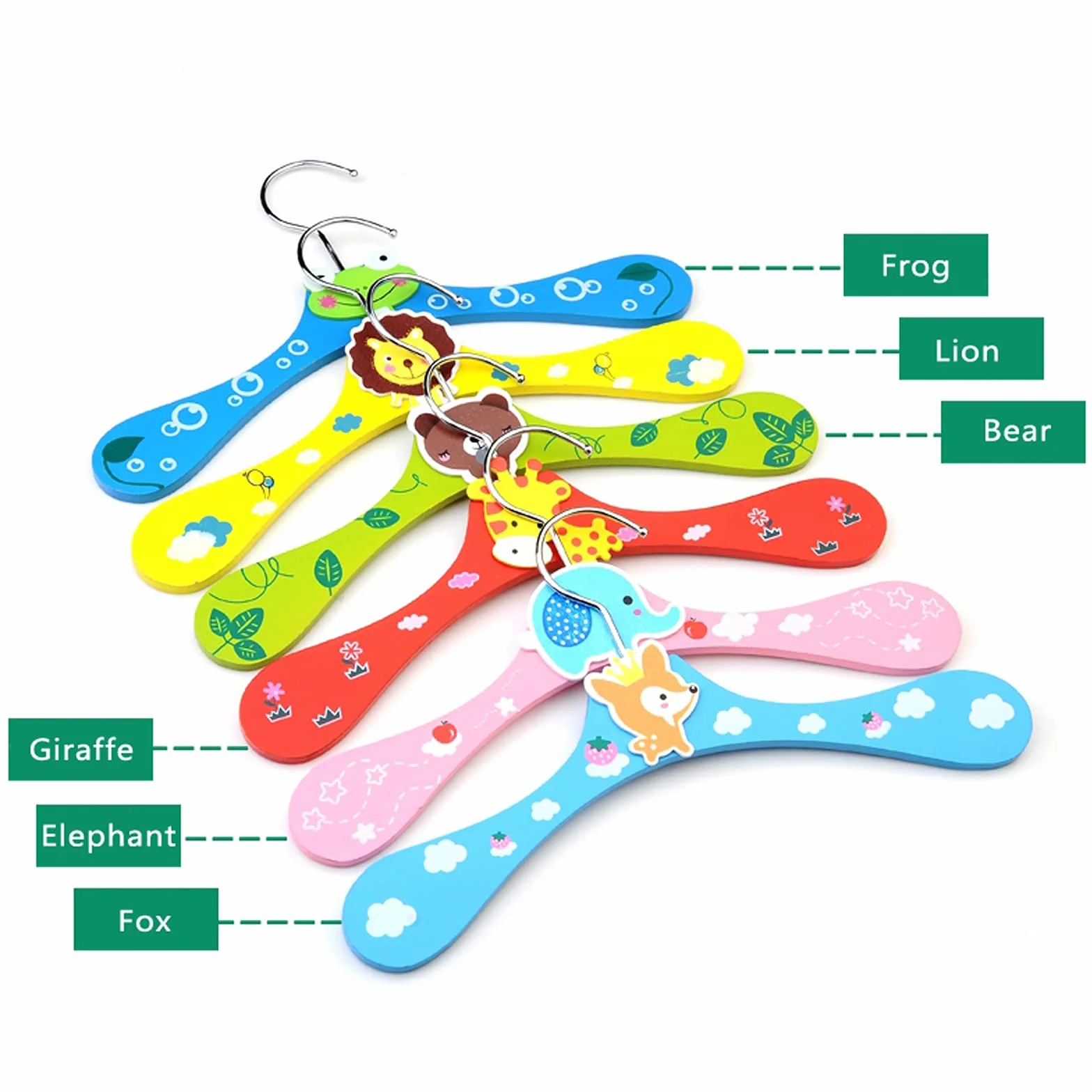 Appendiabiti in legno per bambini multicolore con motivo animale antiscivolo 28x16 cm 6 pezzi
