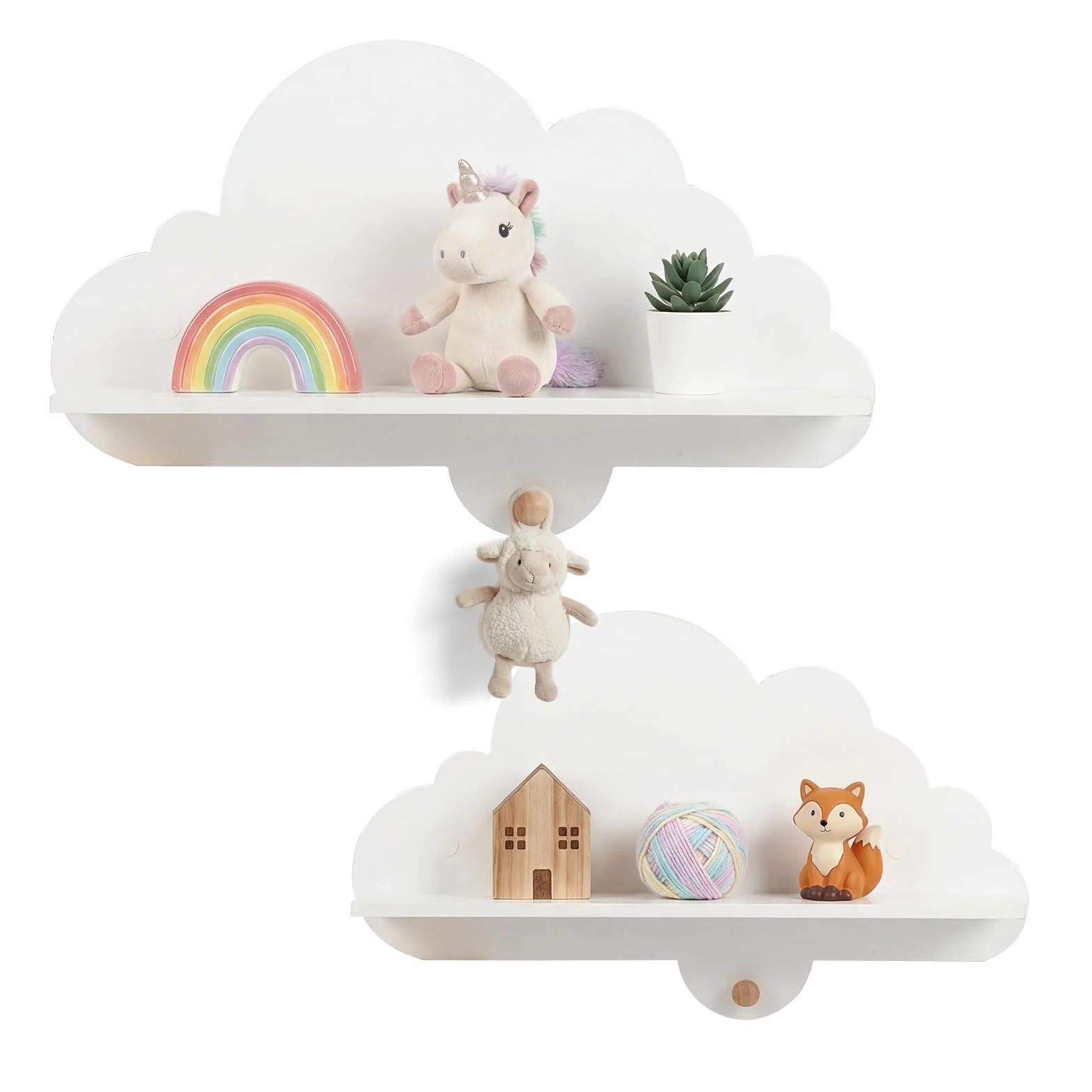 COSTWAY Set di 2 Mensole da Muro per Bambini, Libreria a Nuvole in Legno Massello con Ganci, Bianco