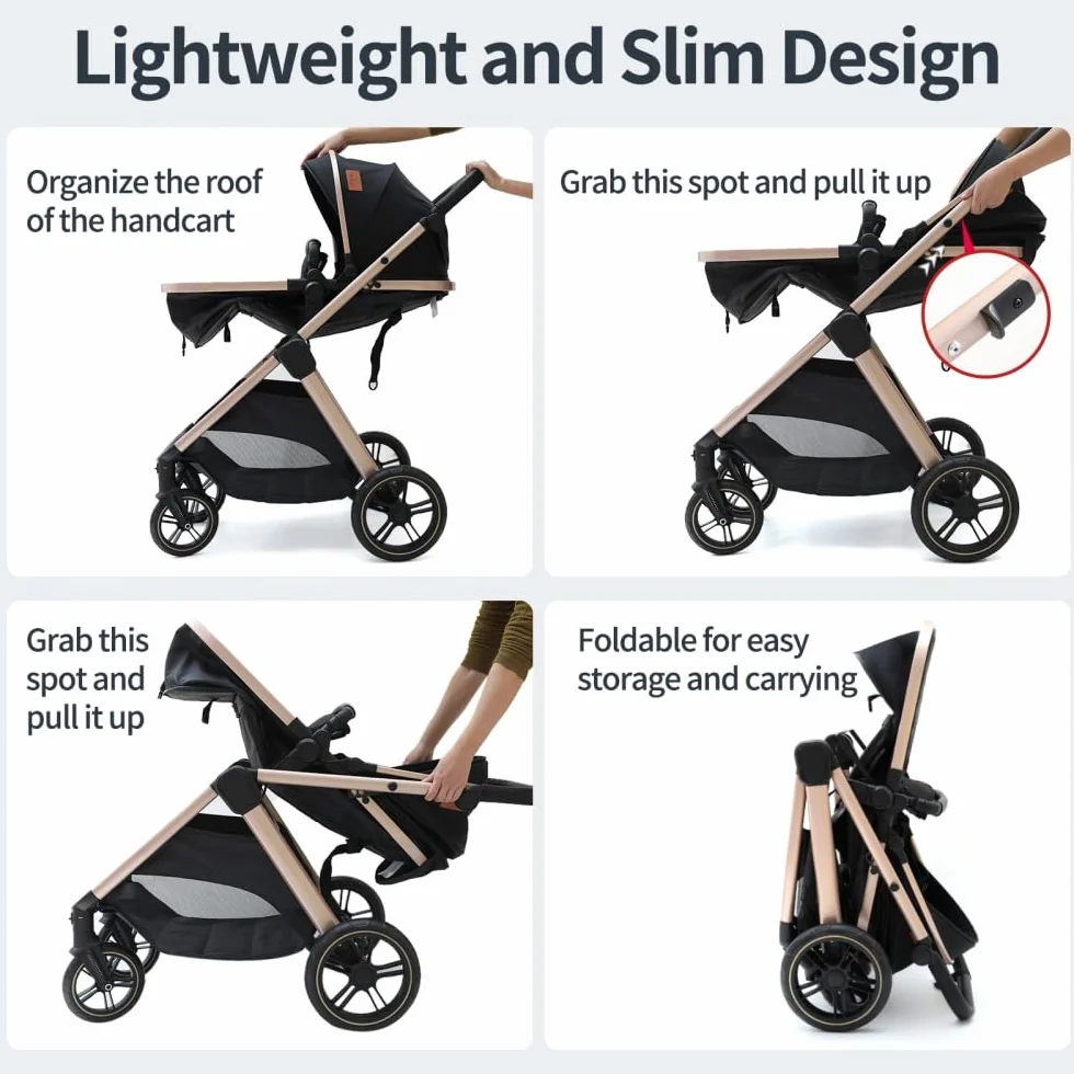 Passeggino 3 in 1 Leggero 0-36 Mesi Nero & Oro Pieghevole Manico in Pelle PU con Zanzariera e Parapioggia