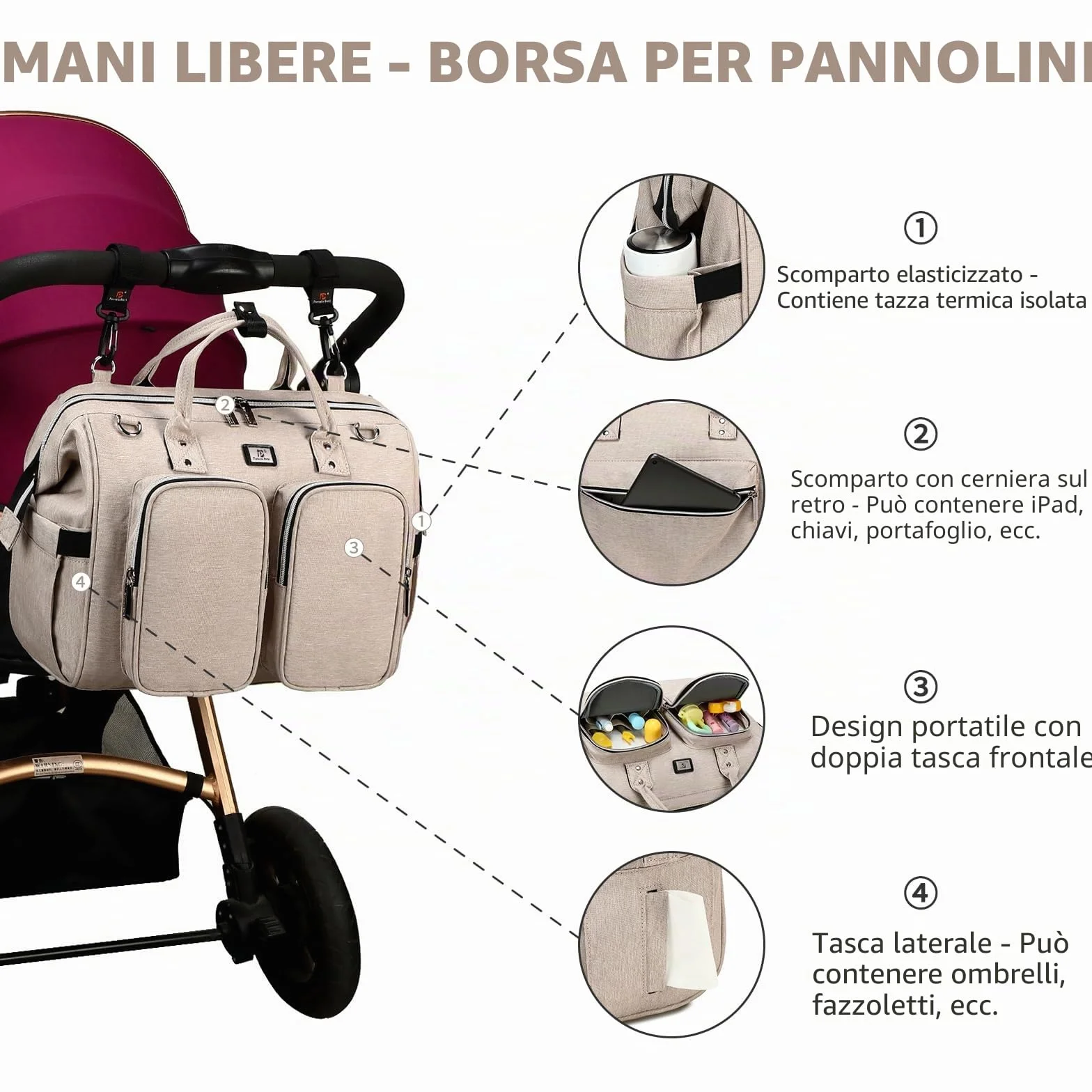 Borsa a Tracolla per Pannolini Grande Capacità Oxford Impermeabile, 2 Ganci per Passeggino, Fasciatoio