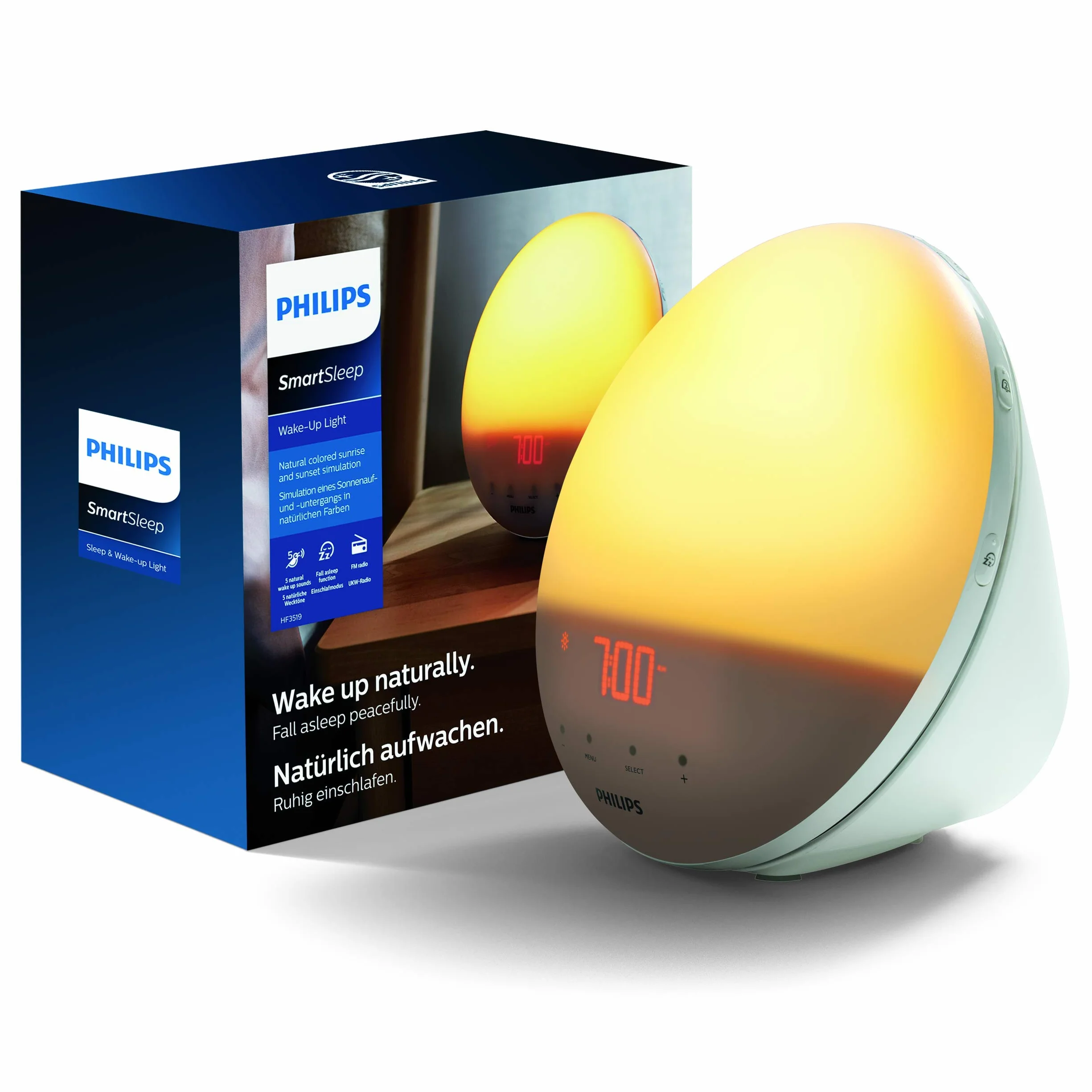 PHILIPS HF3519/01 Wake-up Light (Funzione Alba Solare, Radio FM Digitale, Sveglia con Luce Diurna), Bianco