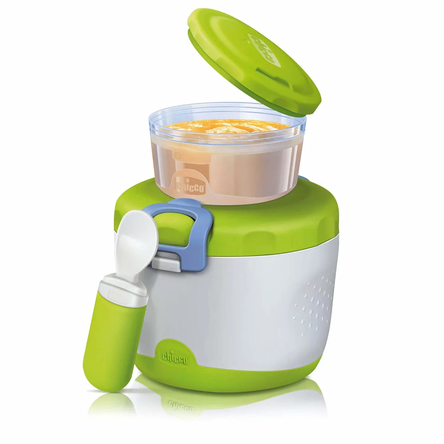 Chicco Thermos Portapappa System Easy Meal 350 ml Mantiene temperatura 6 ore Alimenti caldi freddi Contenitore 180 ml Cucchiaio Viaggio Verde