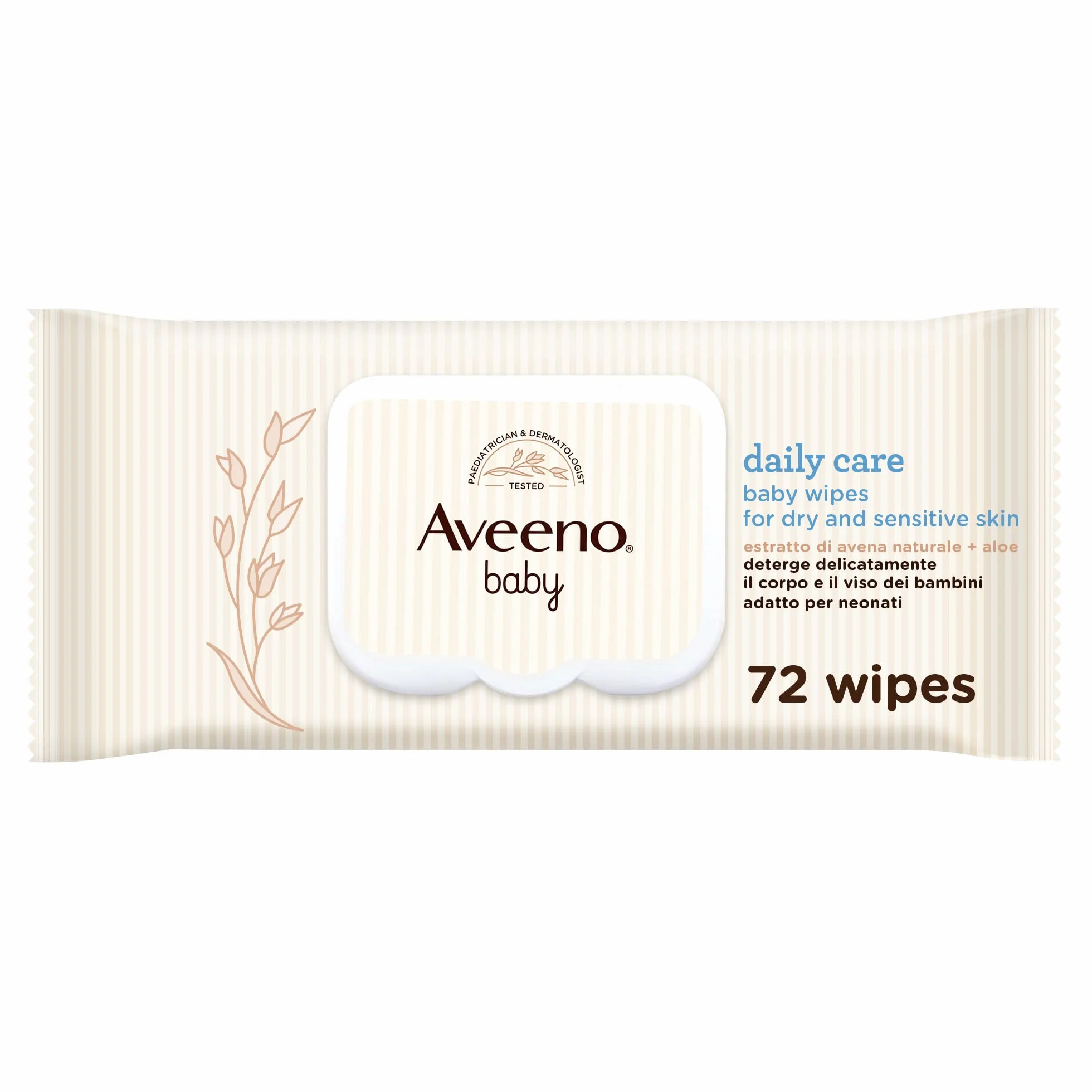 Aveeno Baby Daily Care Salviettine umidificate delicate neonati, Estratto Avena Aloe, senza profumo solfati alcol, 72 pezzi
