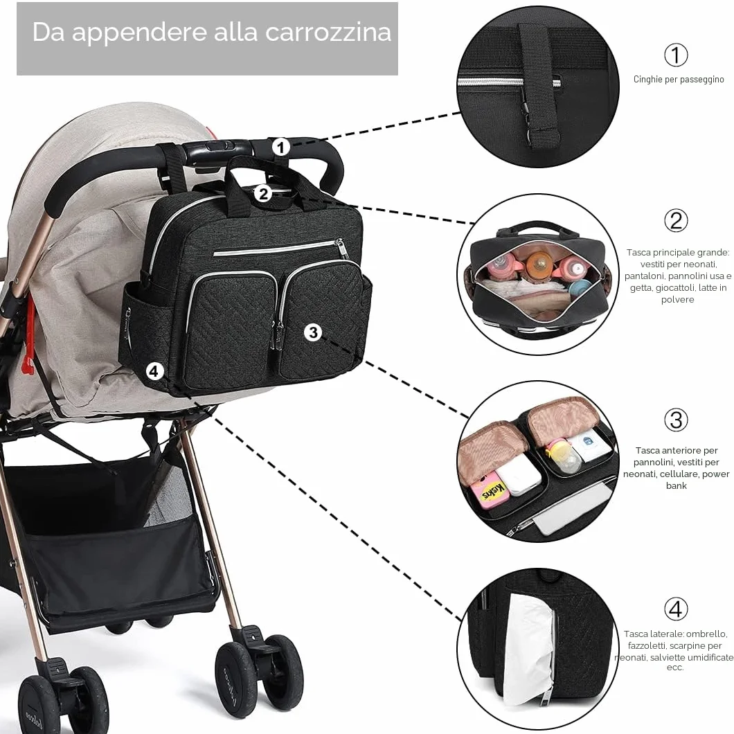 KONO Borsa Fasciatoio Passeggino Neonato Impermeabile con Tasche Isolate Leggera per Viaggi