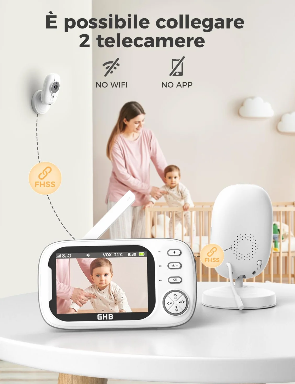 GHB Baby Monitor 3.5'' 720HD Kamera z Audio, 2000mAh, Komunikacja Dwukierunkowa, VOX, Nocne Widzenie, Monitorowanie Temperatury
