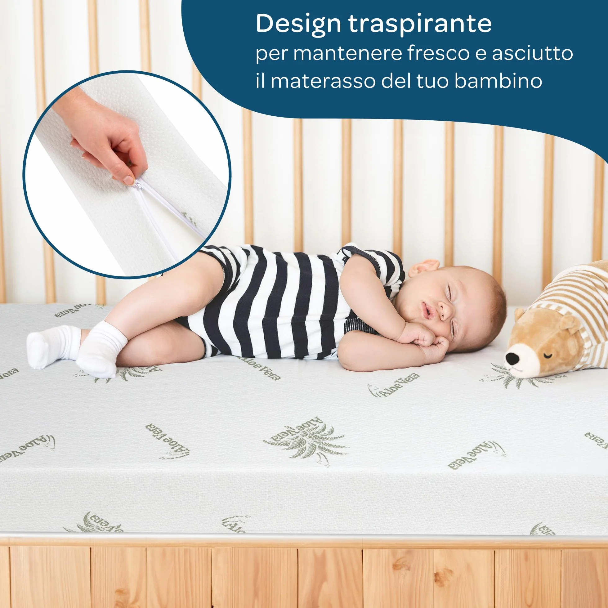 DOLCI SOGNI Materasso Lettino 60x120 cm Spessore 14 cm OEKO-TEX CertiPUR Fodera Aloe Vera Sfoderabile Lavabile