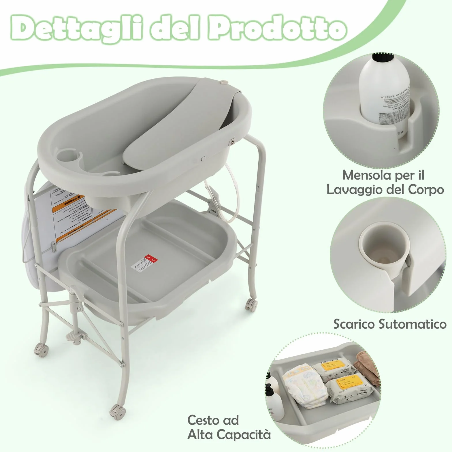 COSTWAY Fasciatoio con Vaschetta Bagnetto 2 in 1, Vasca da Bagno Pieghevole per Bambini, Grigio Chiaro