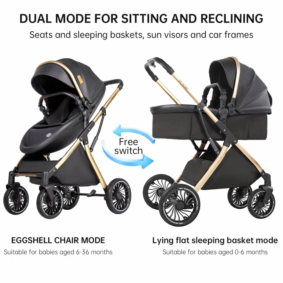 Passeggino 3 in 1 pieghevole reclinabile per neonati e bambini piccoli, ruote per tutti i terreni, con accessori (Nero)