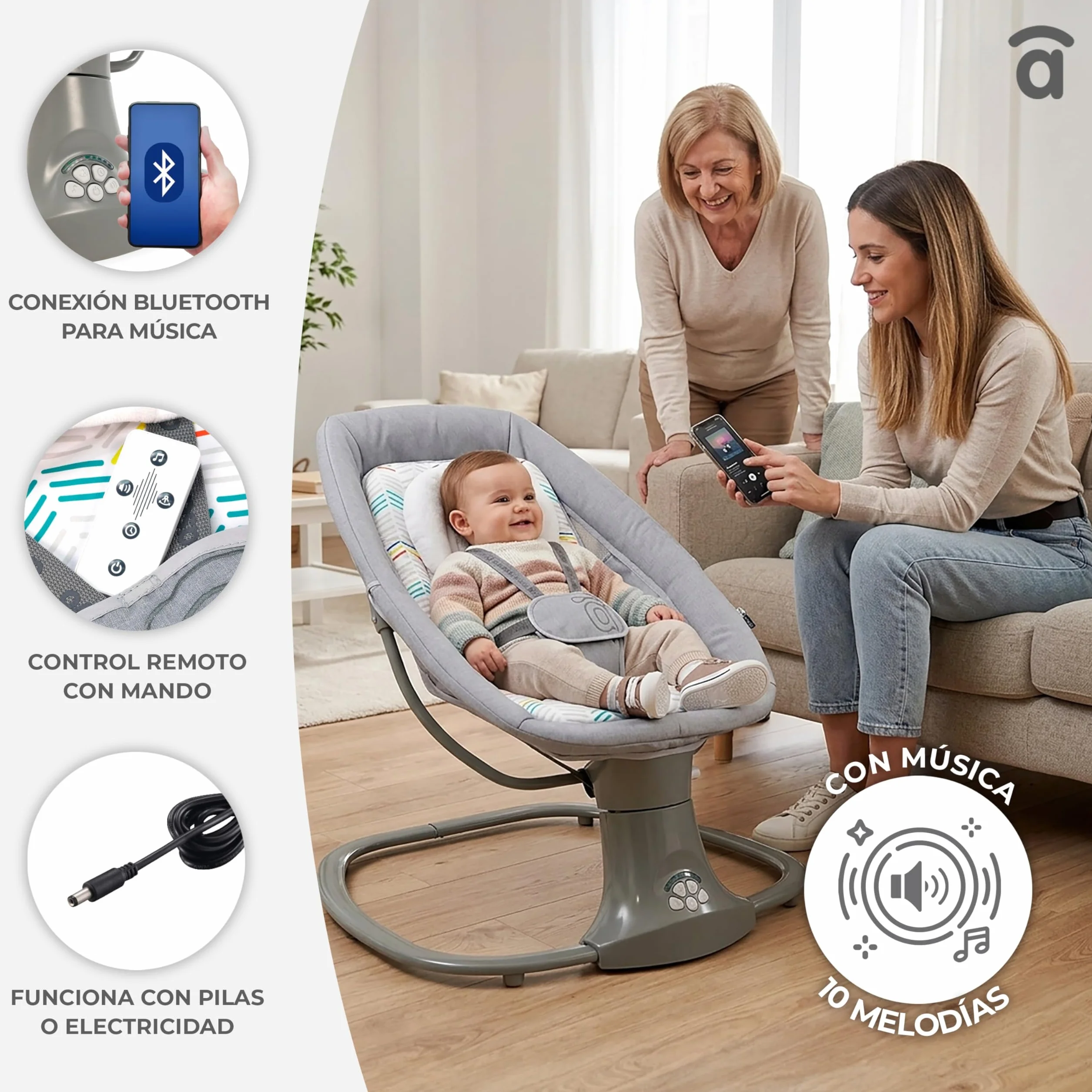 Amaca a dondolo con musica Bluetooth oscillazione automatica 5 livelli tettuccio zanzariera giocattolo poggiatesta 0 mesi 9 kg tessuto lavabile