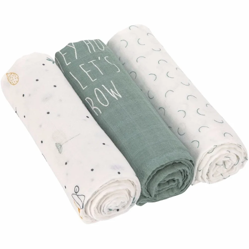 LÄSSIG Coperta Puck neonati Panno garza Set 3 pezzi cotone 80x80 cm Swaddle Garden Explorer Tractor