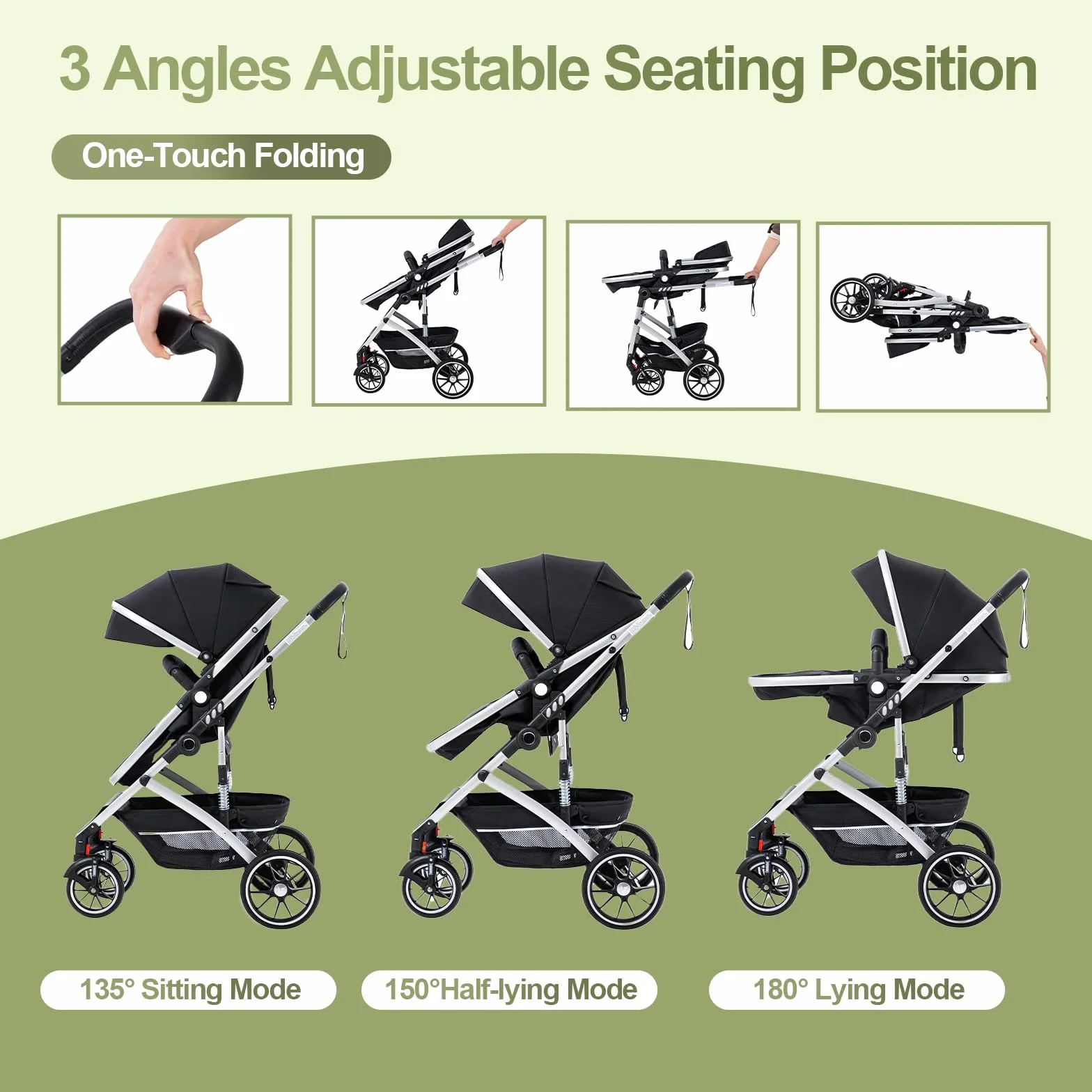Passeggino 3 in 1 con seggiolino auto pieghevole telaio alluminio per neonati 0-4 anni