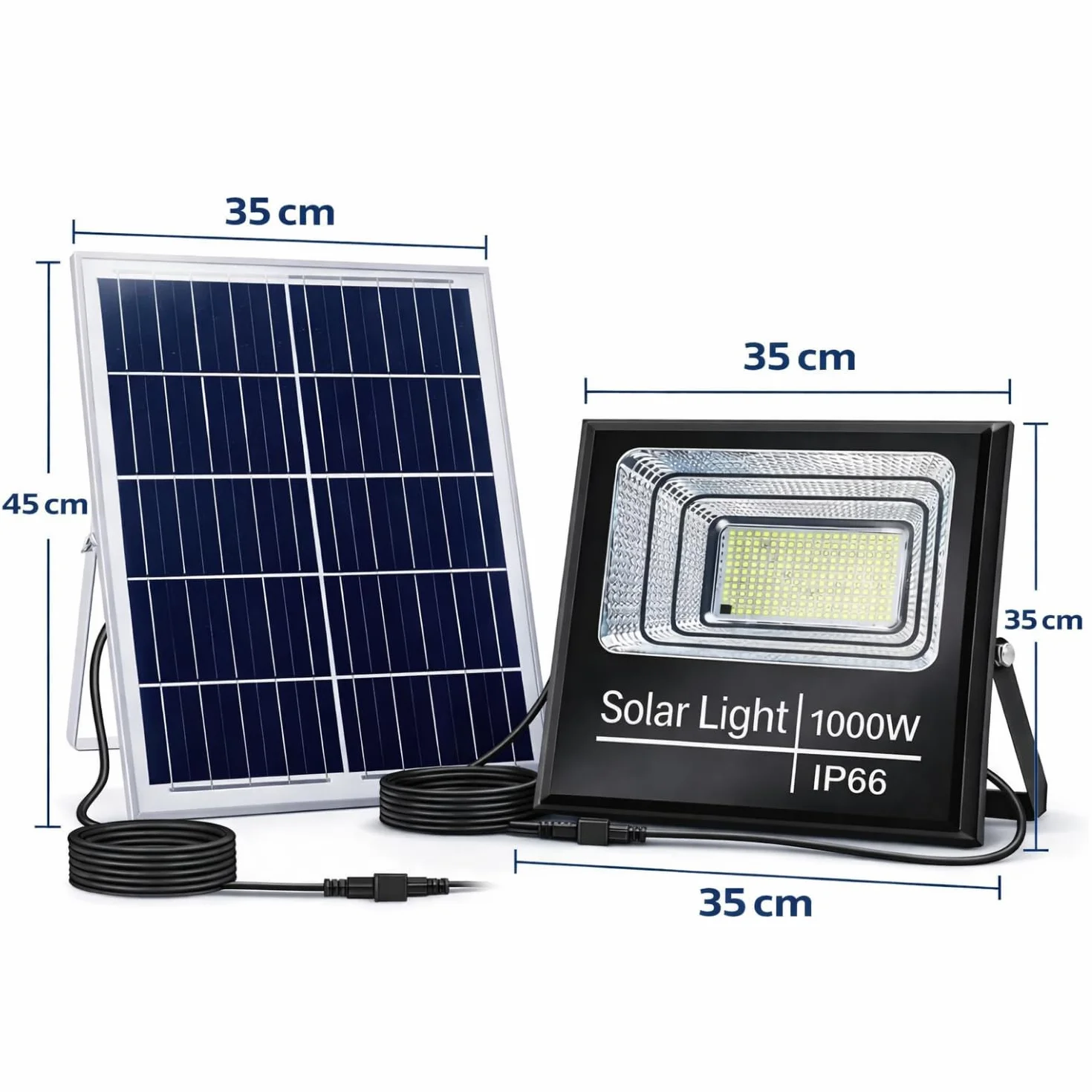 Faro Solare LED 1000W con Pannello Solare, Luce Esterno 6500K Ultra Potente, Sensore Crepuscolare Automatico, Telecomando, IP67 Impermeabile, Faretto da Esterno per Giardino, Cortile, Strada.