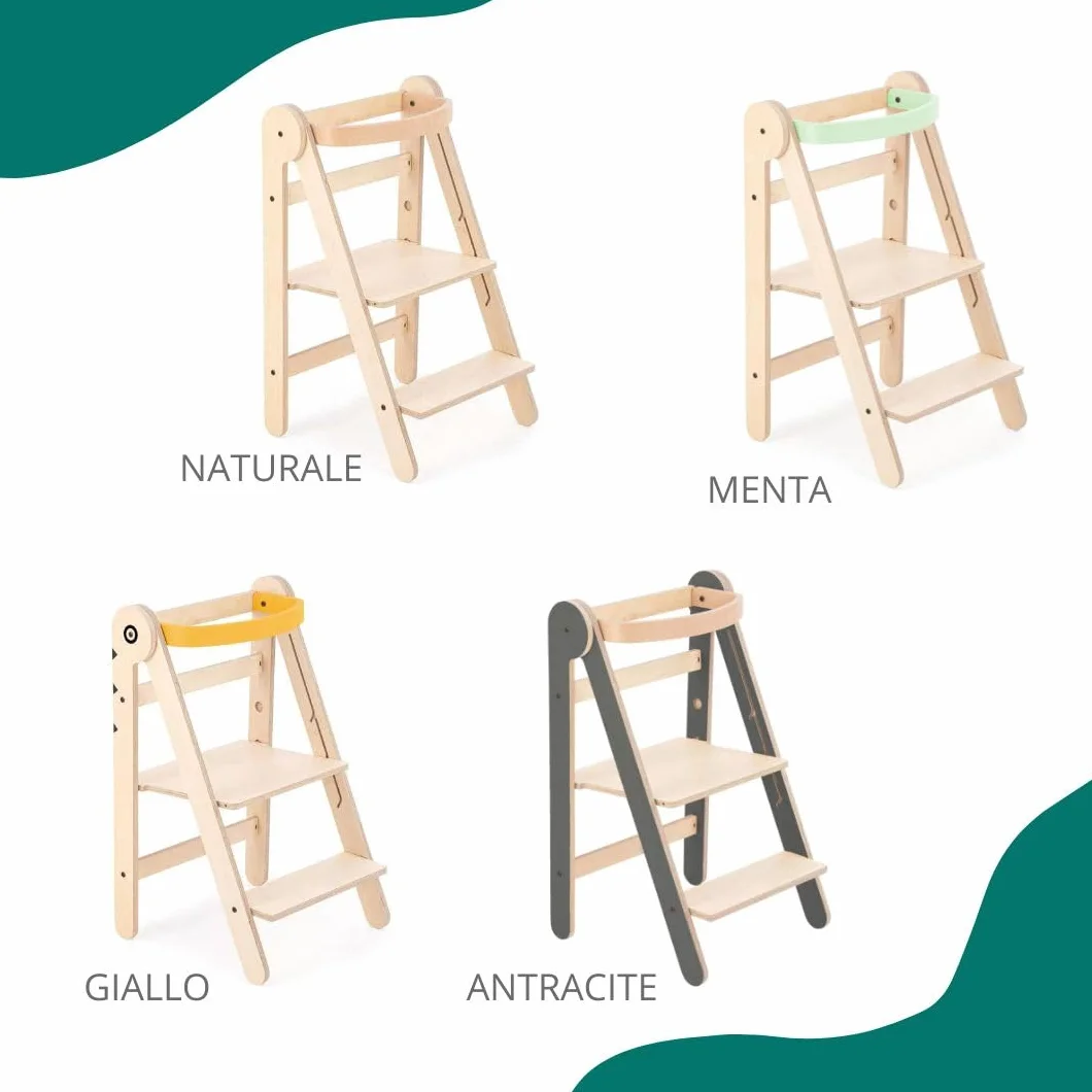 Mamatoyz 08FNAT Torre Montessoriana di Apprendimento Pieghevole Multiuso in Legno Naturale di Betulla con 2 Altezze Regolabili