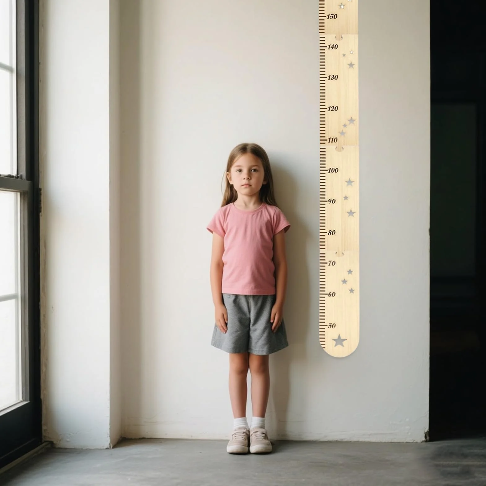 Metro da Parete in Legno per Bambini 50-180cm con Incisioni Delicati, Fissaggio Facile, Sacchetto di Stoccaggio in Tela (27x42 cm)