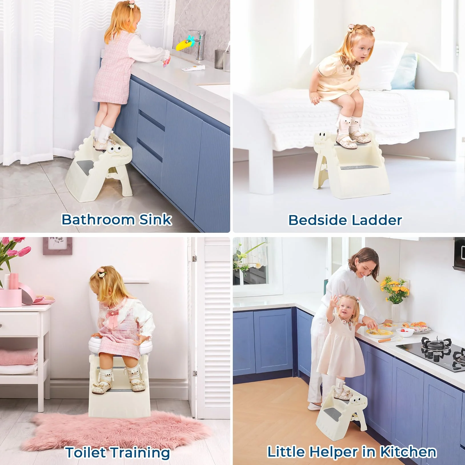 Onasti Sgabello pieghevole per bambini antiscivolo 2 gradini bagno cucina design dinosauro bianco